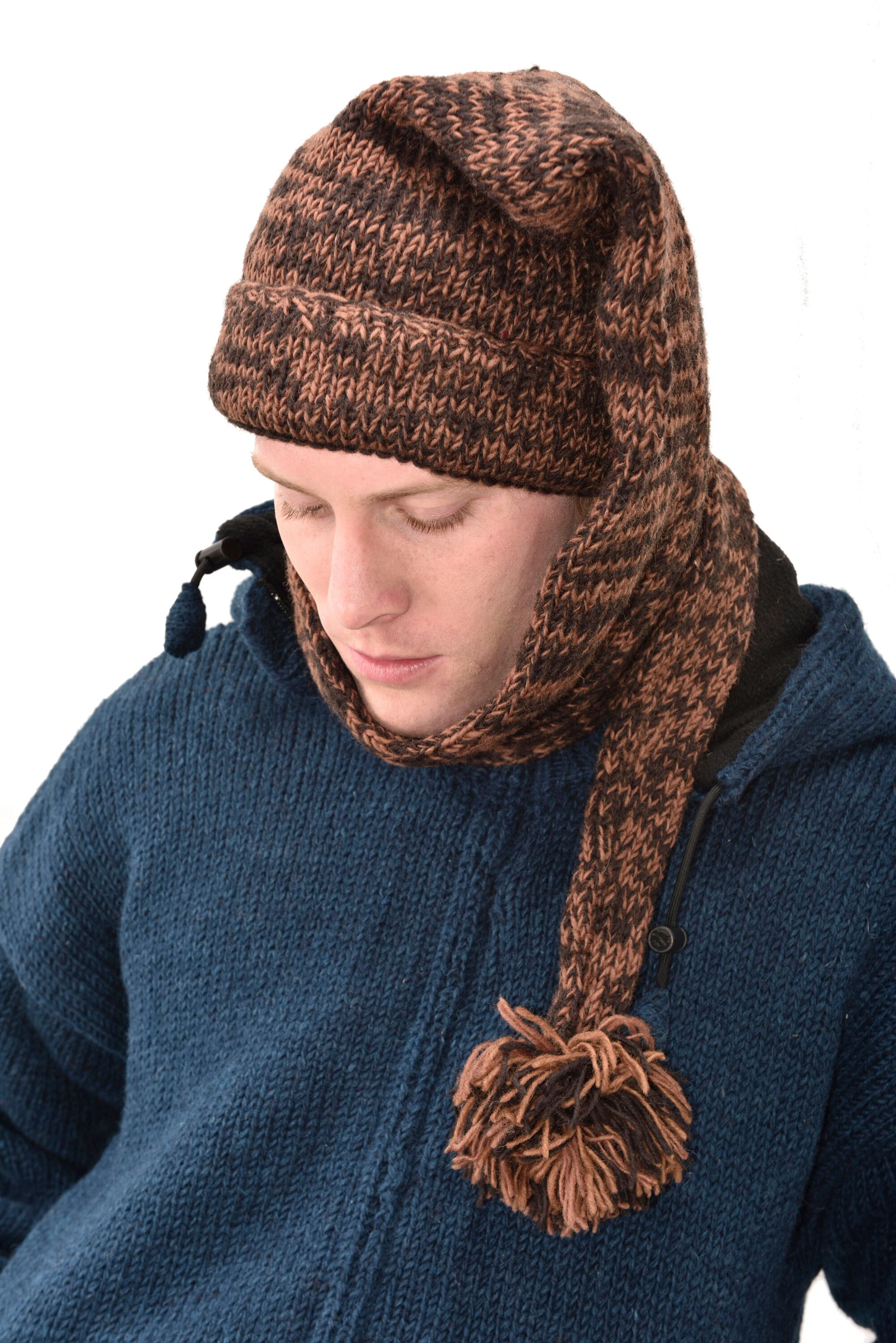 Hand Made 100% Merino Wool Long Tail Stocking Scarves Hat Combo Hooded Scarf Polar Fleece Lined Stocking Cap Hat and Winter Scarf Combo