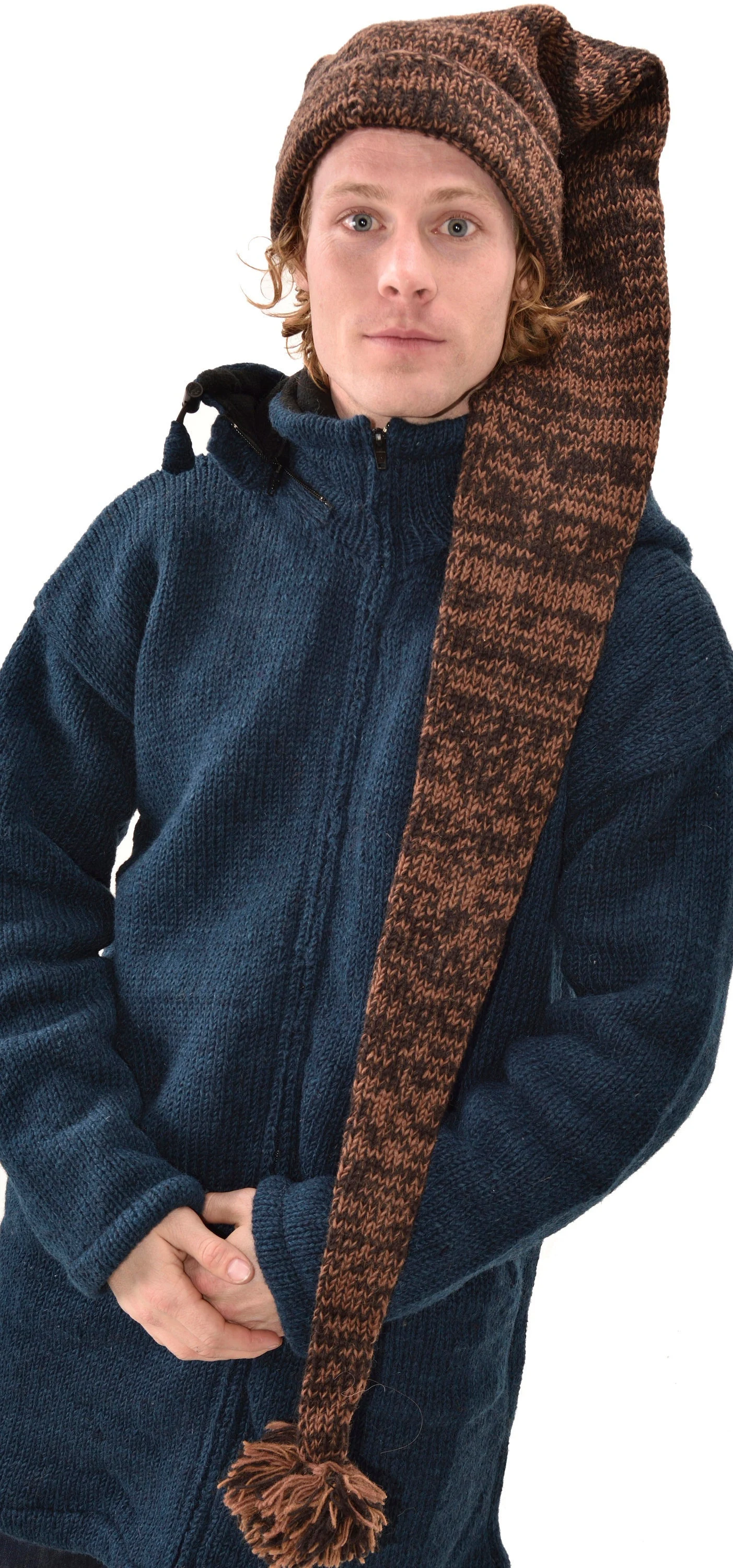 Hand Made 100% Merino Wool Long Tail Stocking Scarves Hat Combo Hooded Scarf Polar Fleece Lined Stocking Cap Hat and Winter Scarf Combo