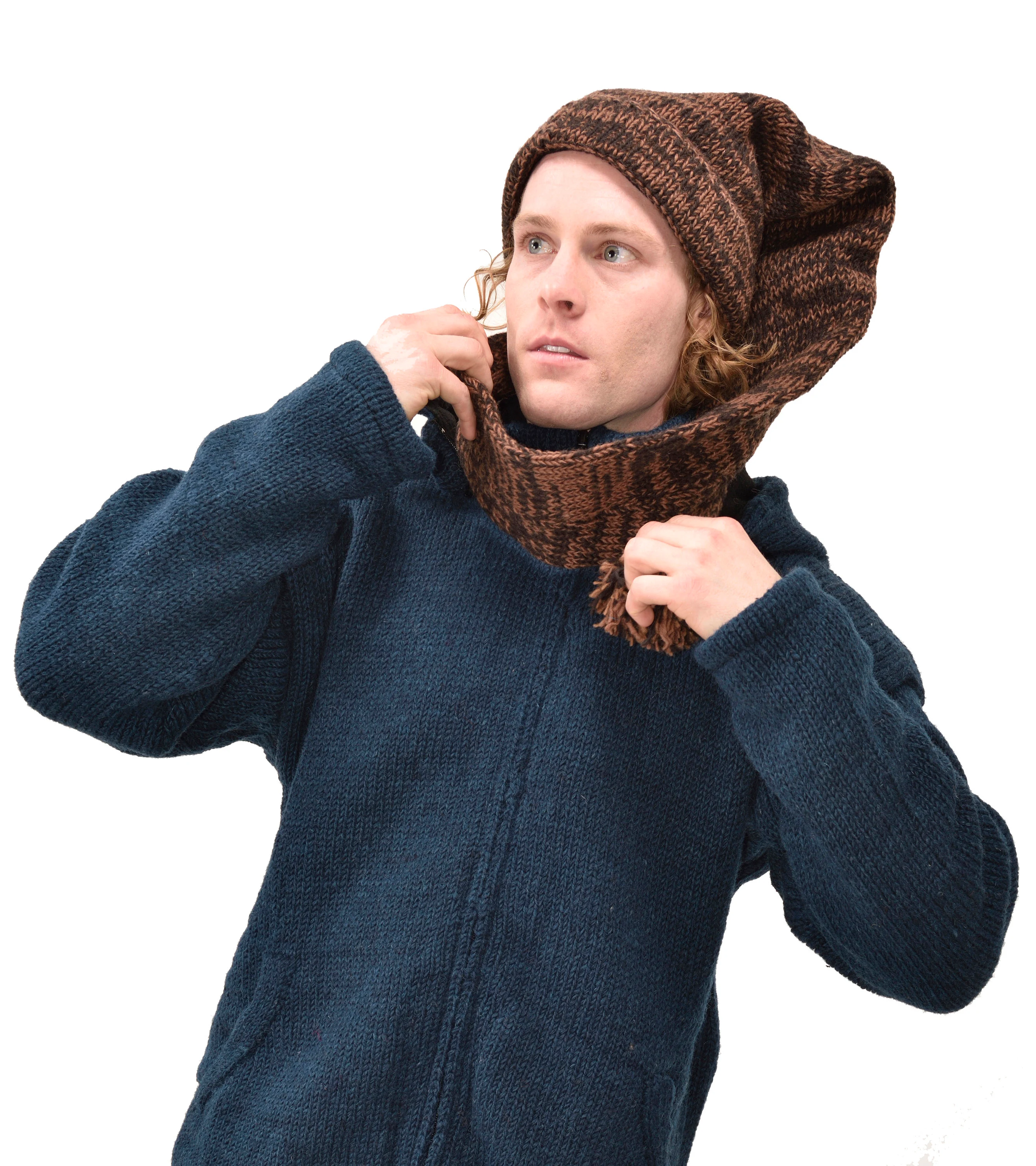 Hand Made 100% Merino Wool Long Tail Stocking Scarves Hat Combo Hooded Scarf Polar Fleece Lined Stocking Cap Hat and Winter Scarf Combo