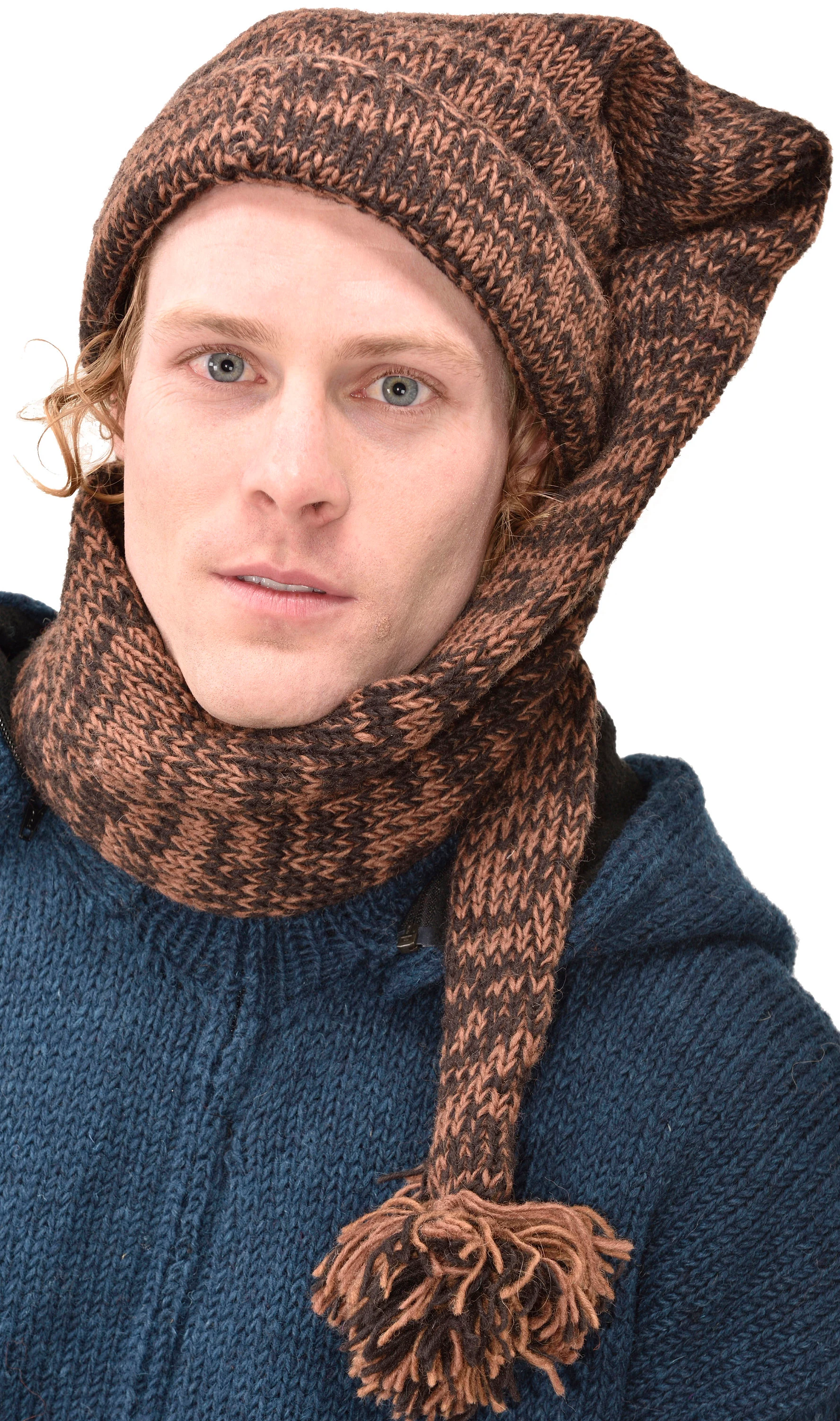 Hand Made 100% Merino Wool Long Tail Stocking Scarves Hat Combo Hooded Scarf Polar Fleece Lined Stocking Cap Hat and Winter Scarf Combo