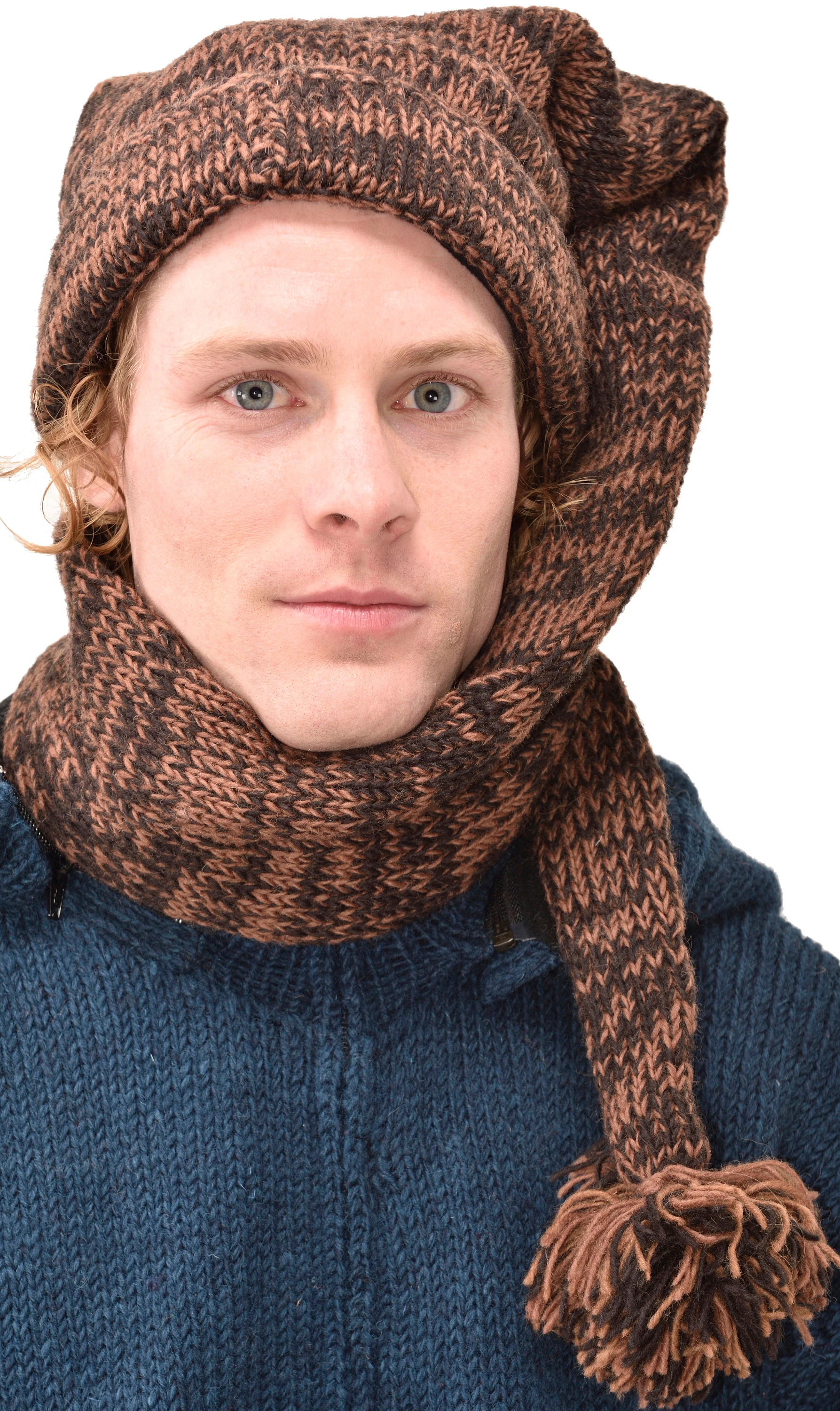 Hand Made 100% Merino Wool Long Tail Stocking Scarves Hat Combo Hooded Scarf Polar Fleece Lined Stocking Cap Hat and Winter Scarf Combo