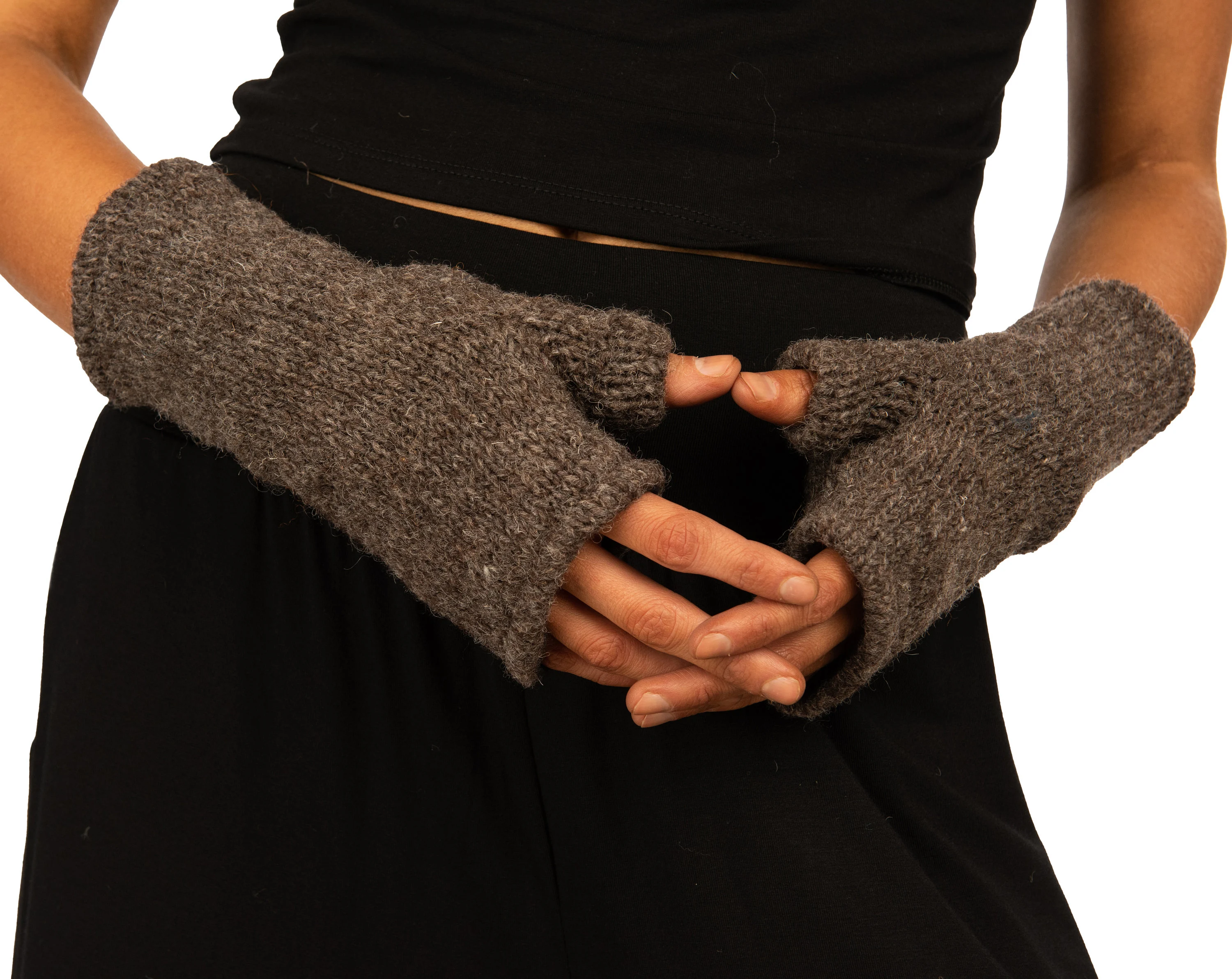 Hand Made 100% Merino Wool Fingerless Mittens Convertible Gloves Texting Gloves - Charcoal
