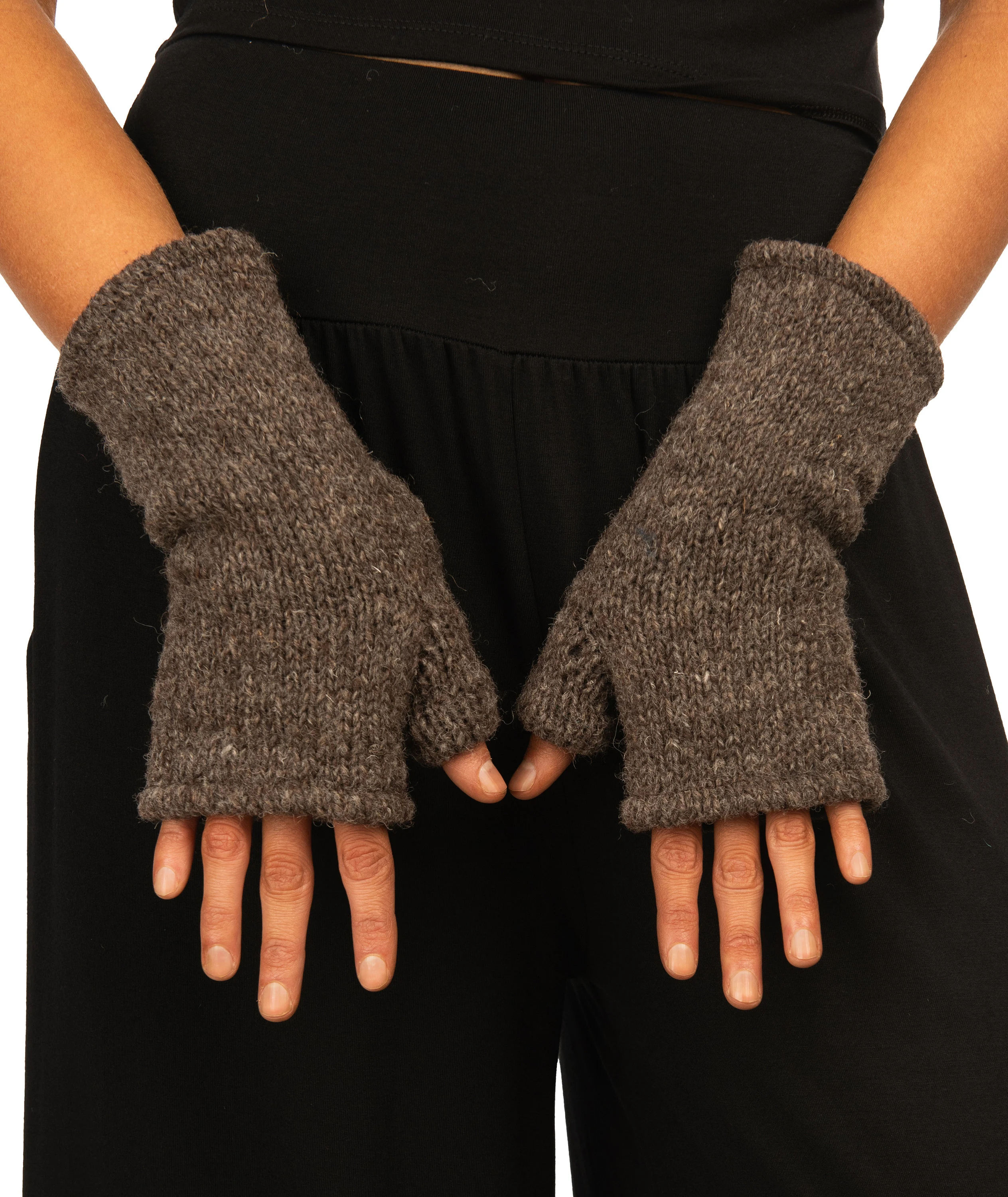 Hand Made 100% Merino Wool Fingerless Mittens Convertible Gloves Texting Gloves - Charcoal