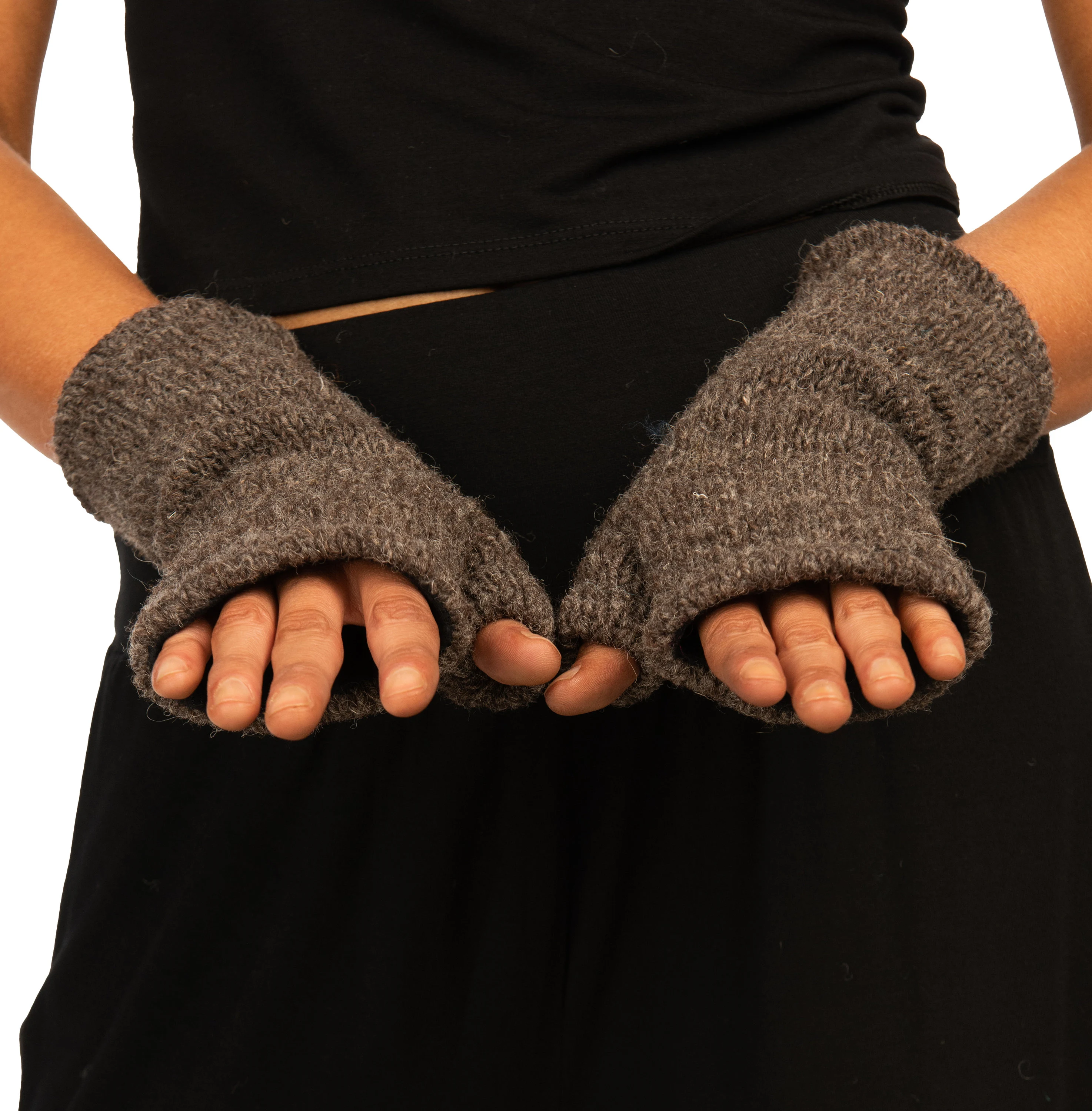 Hand Made 100% Merino Wool Fingerless Mittens Convertible Gloves Texting Gloves - Charcoal