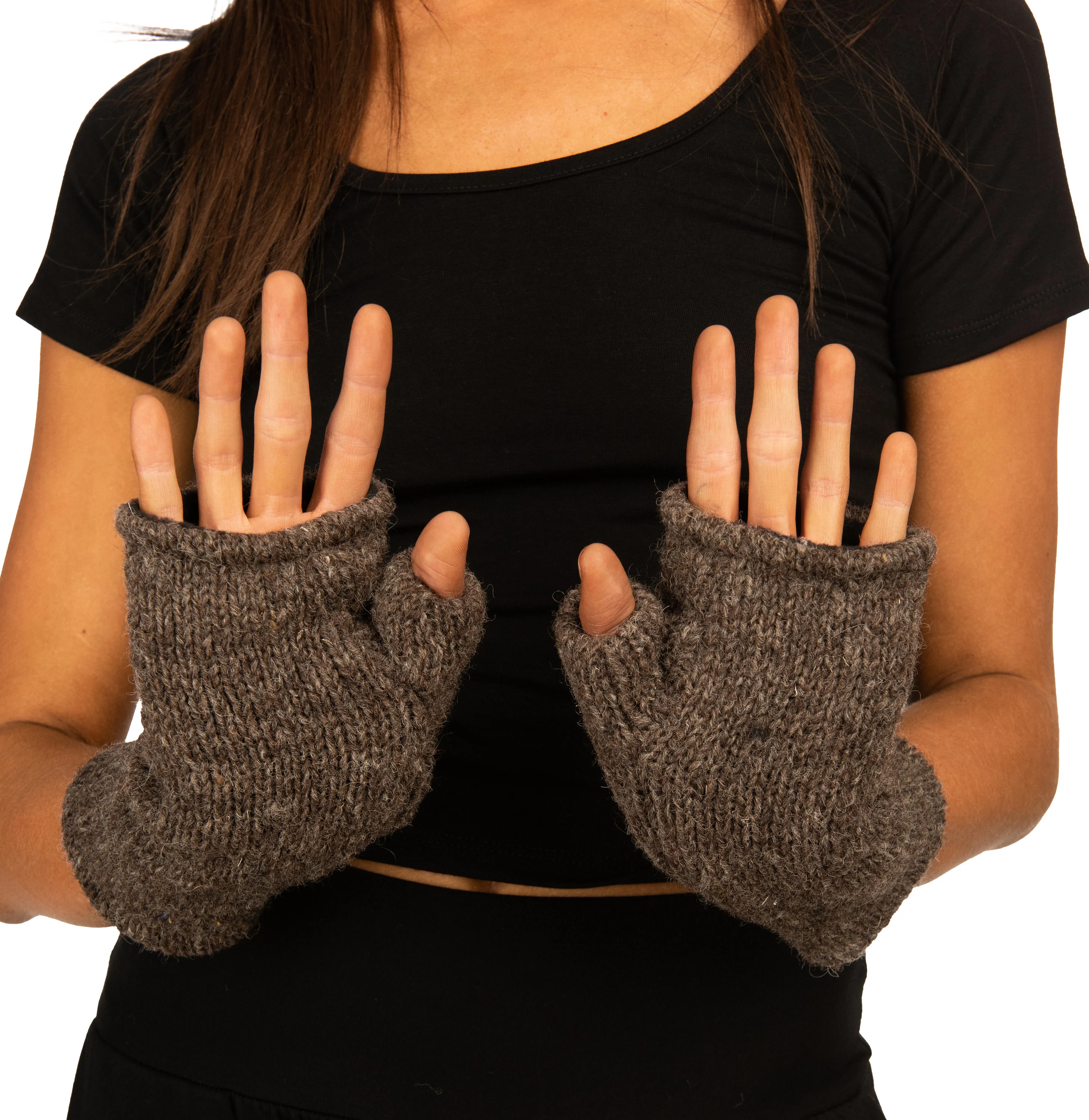 Hand Made 100% Merino Wool Fingerless Mittens Convertible Gloves Texting Gloves - Charcoal