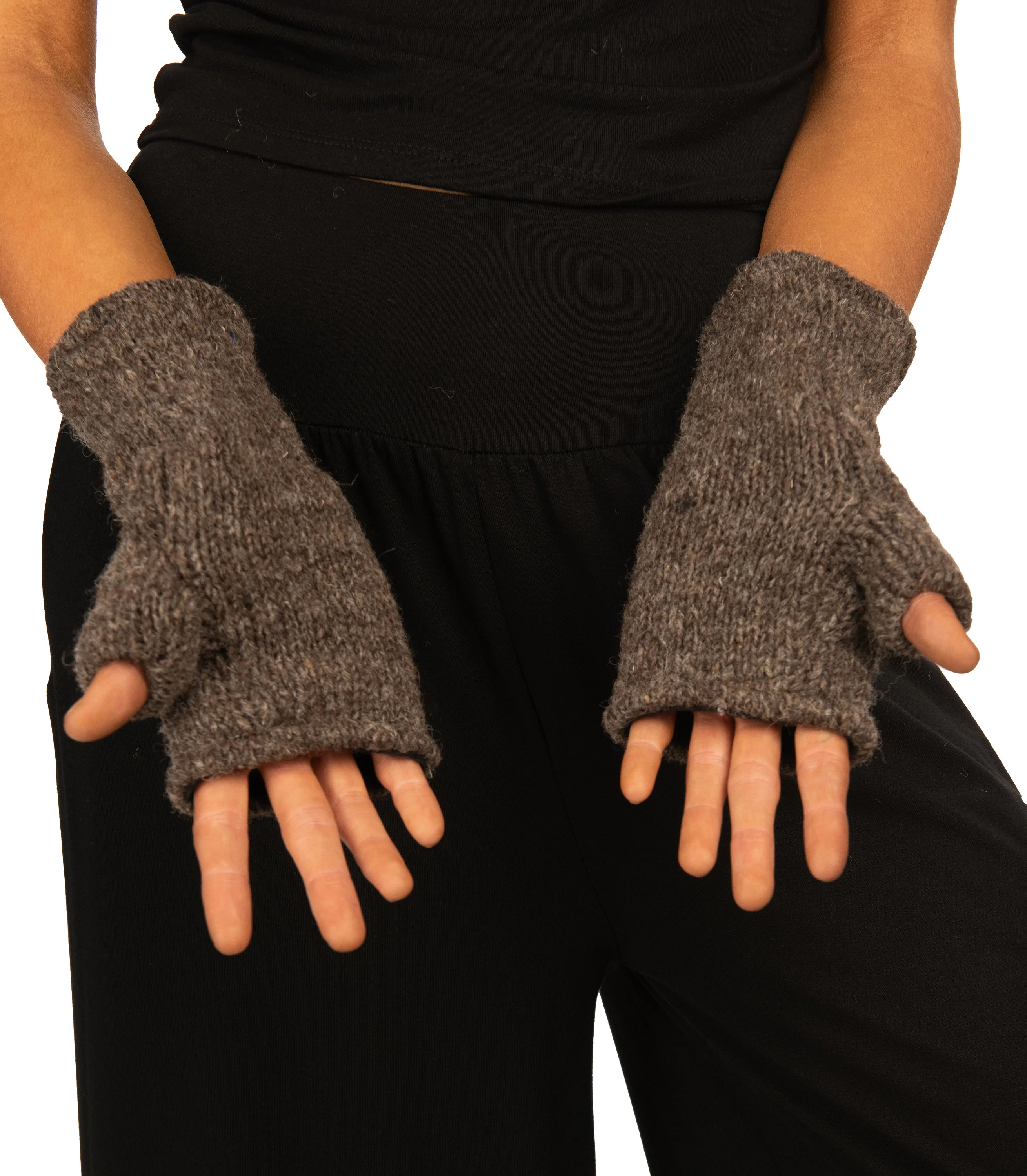 Hand Made 100% Merino Wool Fingerless Mittens Convertible Gloves Texting Gloves - Charcoal