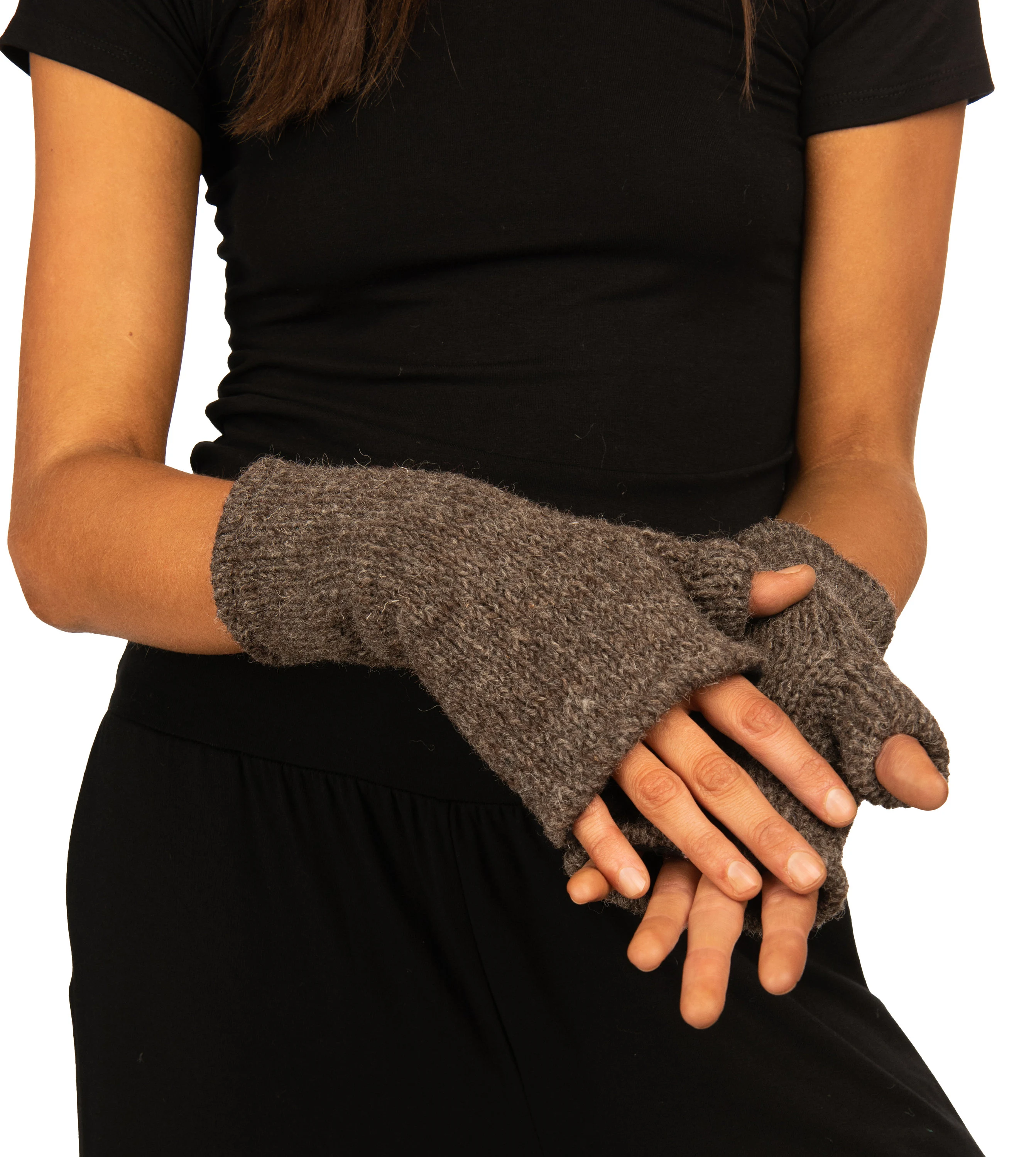 Hand Made 100% Merino Wool Fingerless Mittens Convertible Gloves Texting Gloves - Charcoal