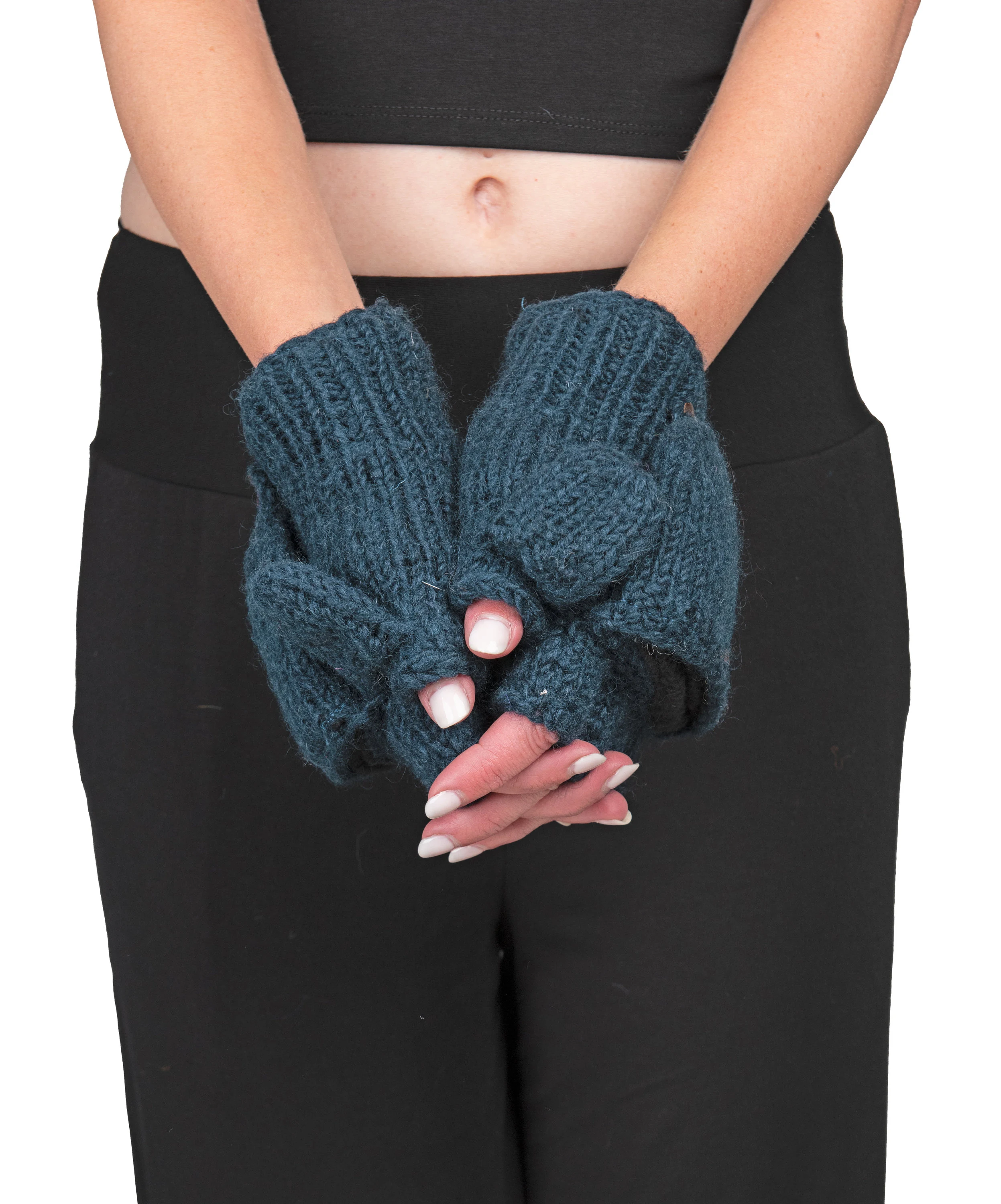 Hand Made 100% Merino Wool Flip Top Snowboard Finger less Ski Polar Fleece Lined Fingerless Nepalese Mittens Convertible Texting Gloves