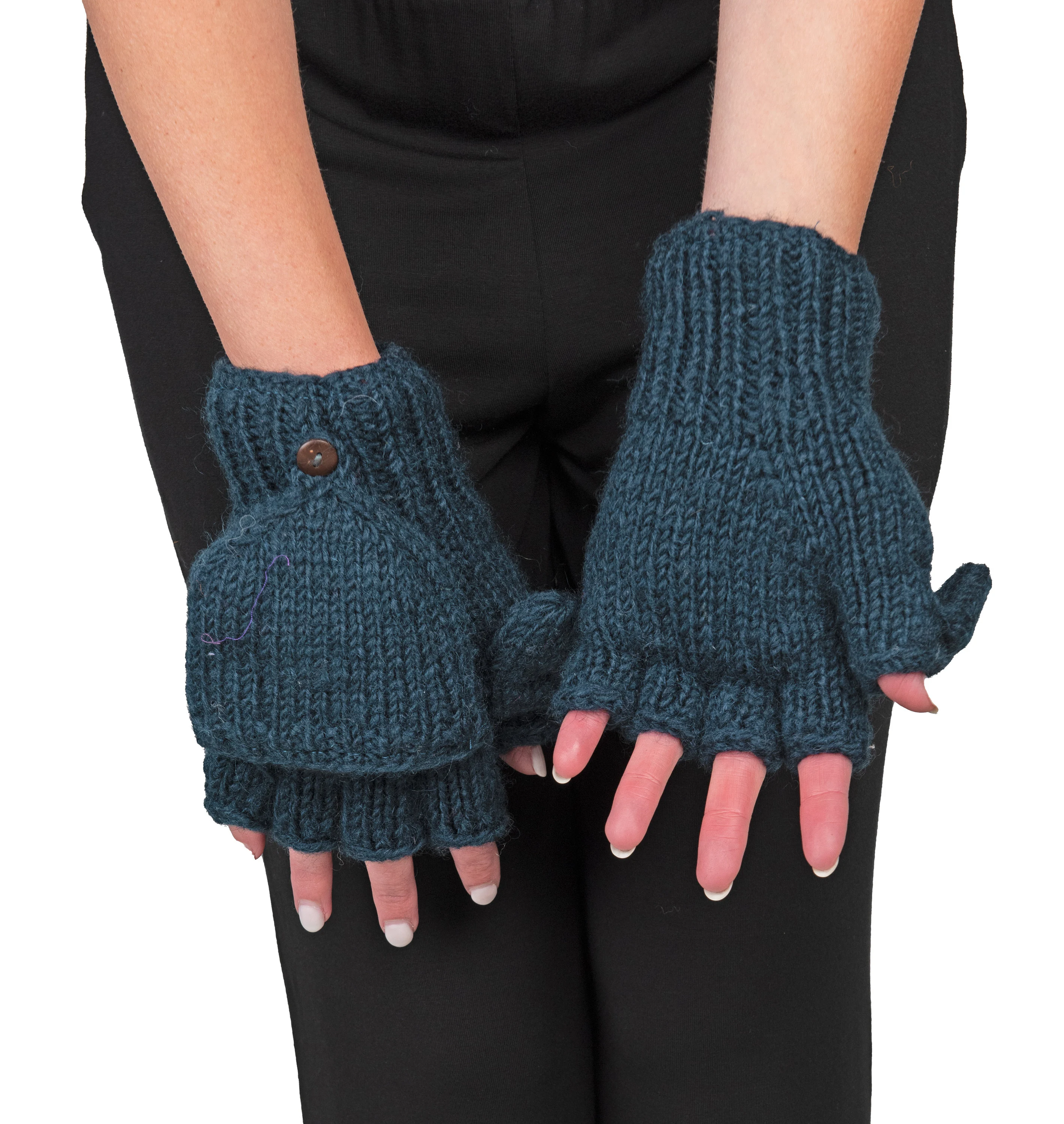 Hand Made 100% Merino Wool Flip Top Snowboard Finger less Ski Polar Fleece Lined Fingerless Nepalese Mittens Convertible Texting Gloves