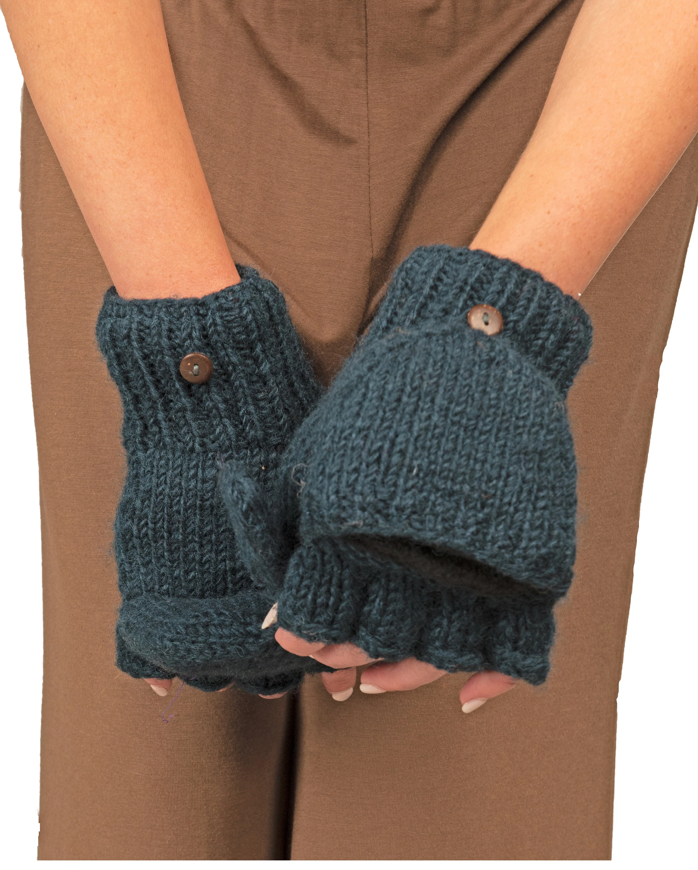 Hand Made 100% Merino Wool Flip Top Snowboard Finger less Ski Polar Fleece Lined Fingerless Nepalese Mittens Convertible Texting Gloves