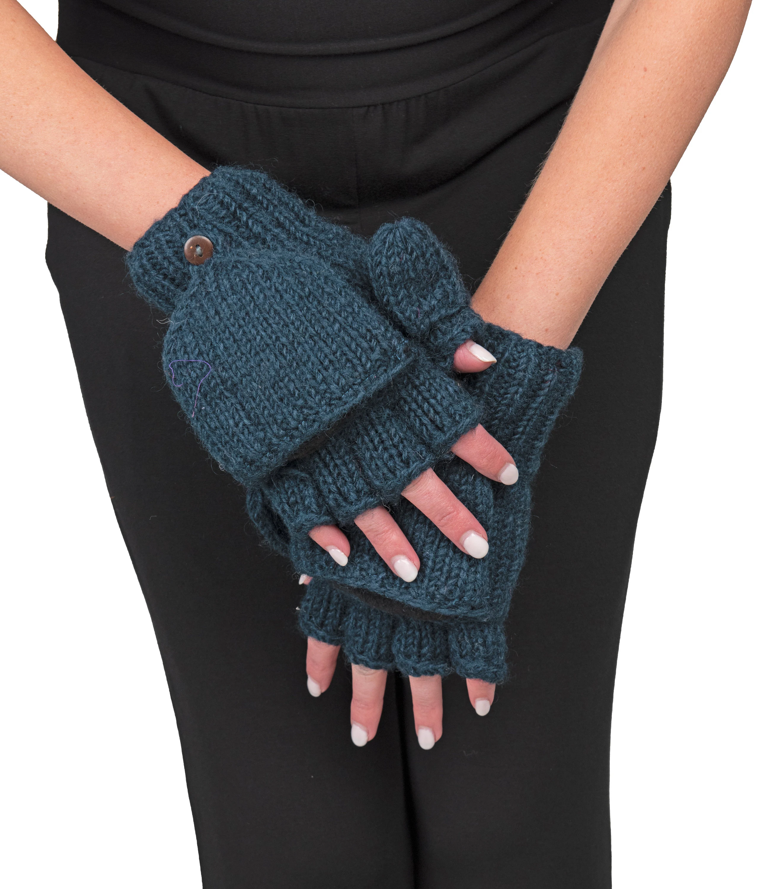 Hand Made 100% Merino Wool Flip Top Snowboard Finger less Ski Polar Fleece Lined Fingerless Nepalese Mittens Convertible Texting Gloves