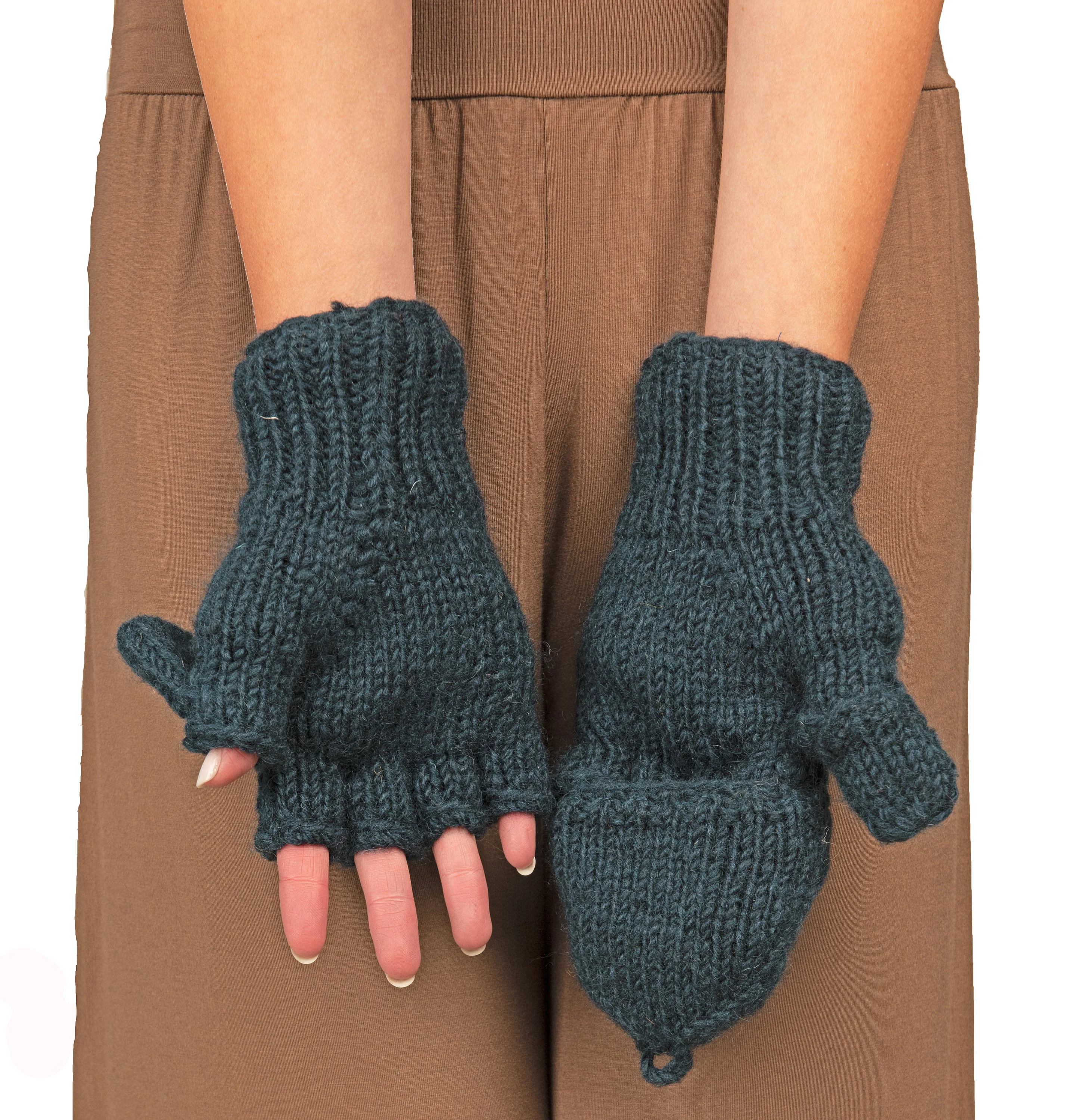 Hand Made 100% Merino Wool Flip Top Snowboard Finger less Ski Polar Fleece Lined Fingerless Nepalese Mittens Convertible Texting Gloves