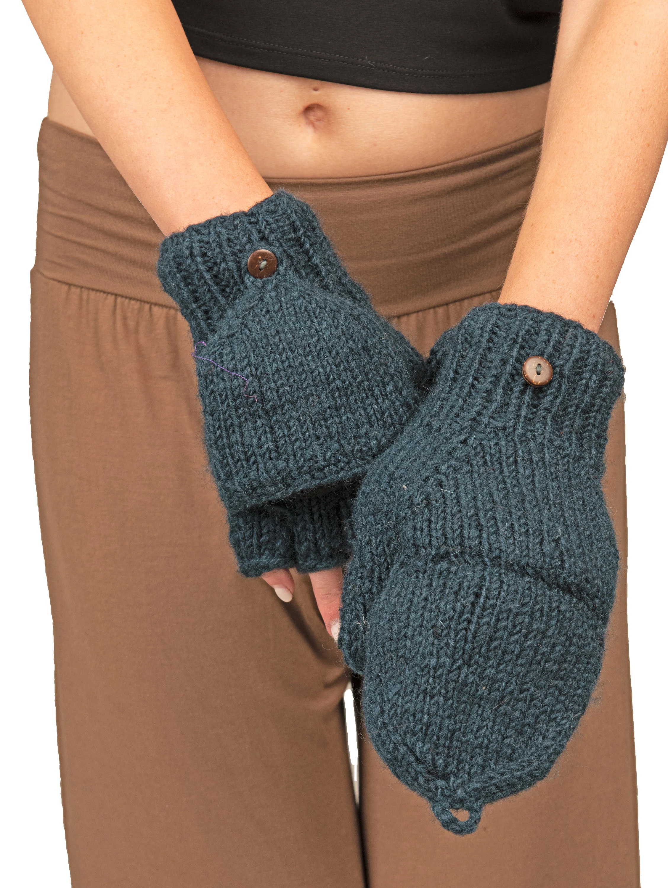 Hand Made 100% Merino Wool Flip Top Snowboard Finger less Ski Polar Fleece Lined Fingerless Nepalese Mittens Convertible Texting Gloves