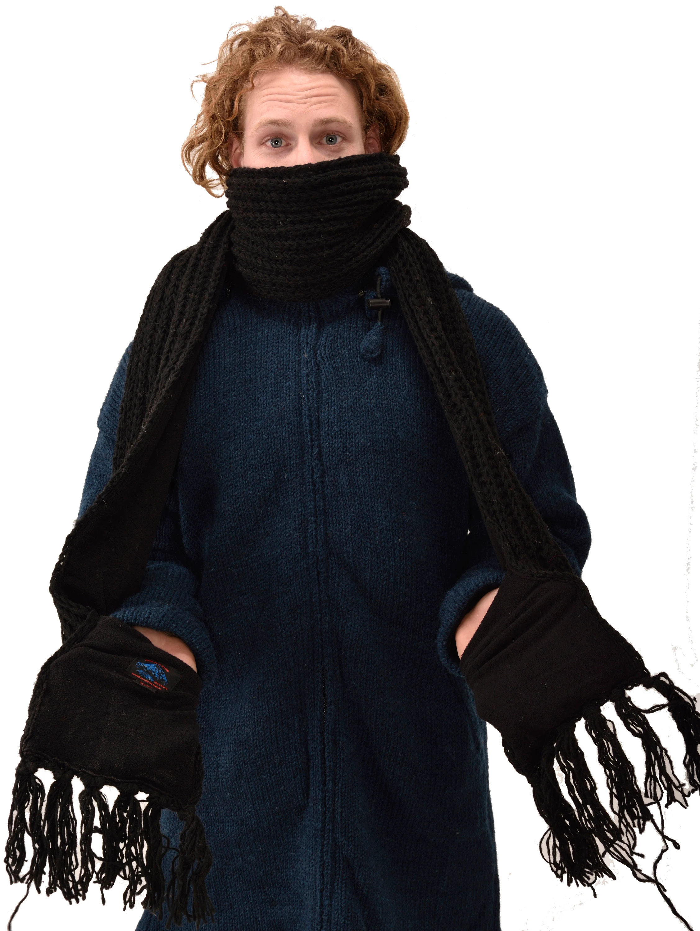 Hand Knitted 100% Merino Wool Snowboard Ski Icelandic Norwegian Scandinavian fair isle Polar Fleece Lined Nepalese Pocket Scarf