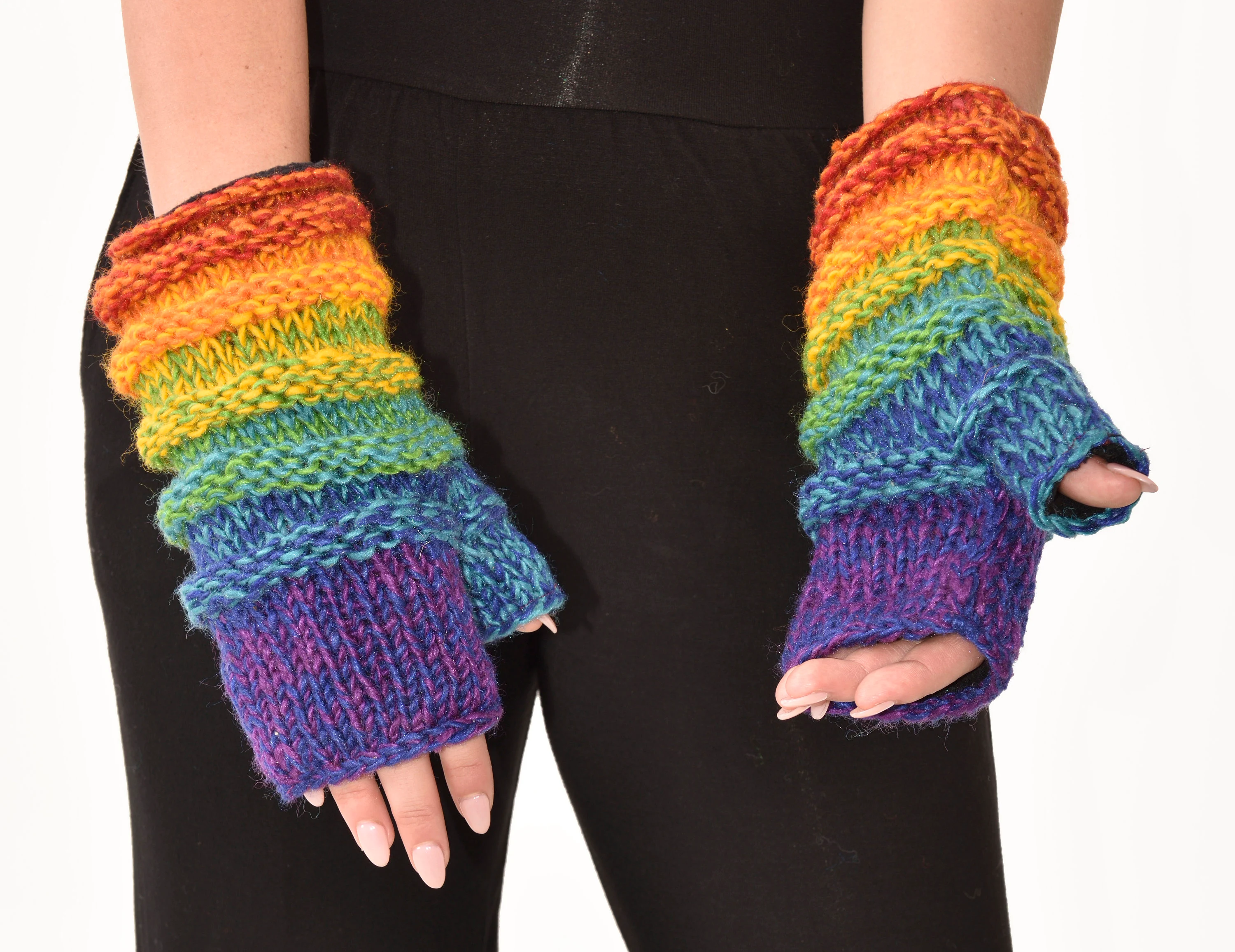 Hand Knit 100% Merino Wool Fingerless Gloves Texting Mittens Convertible gloves Polar Fleece lined Finger-less Women's Winter Texting Gloves