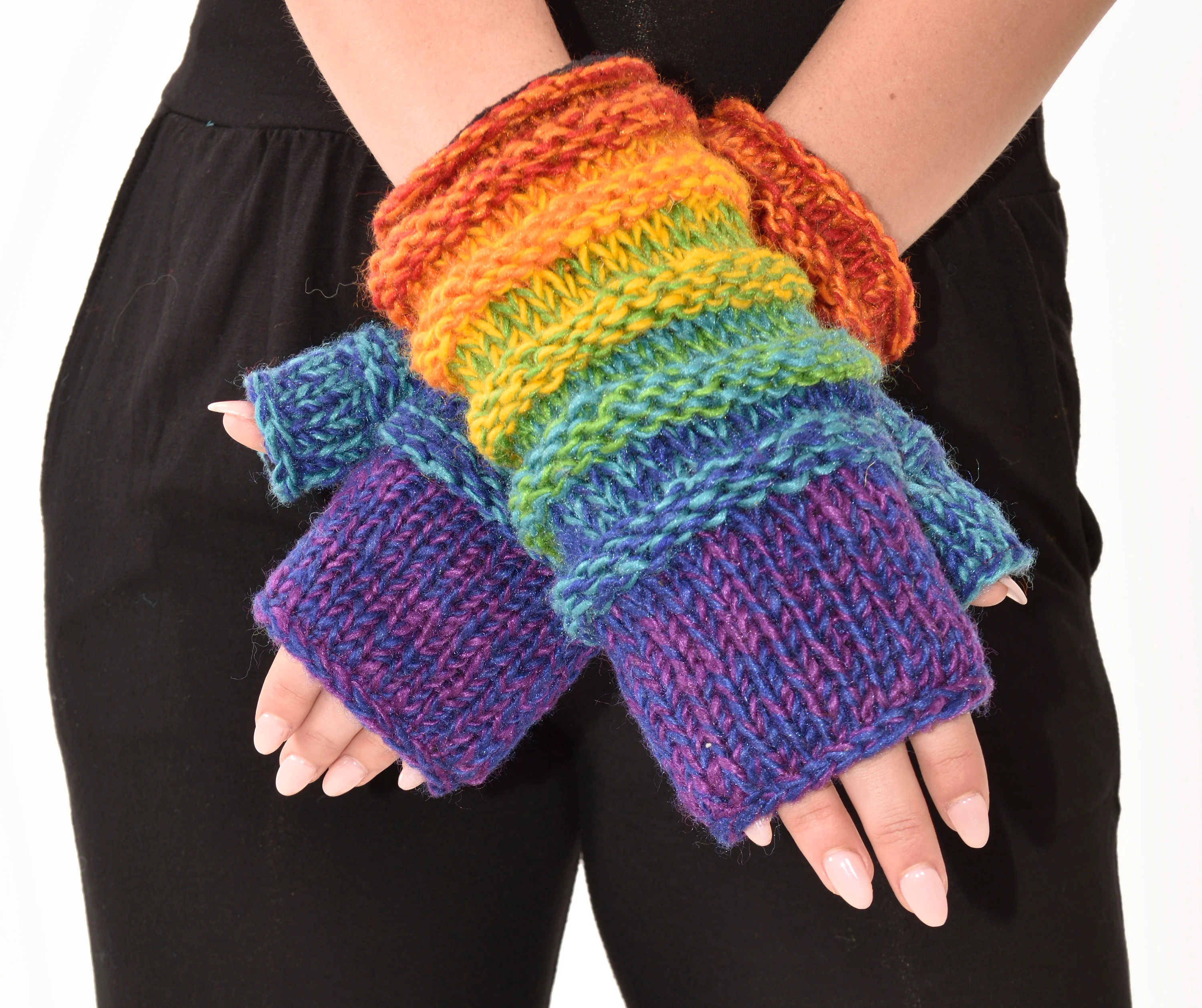 Hand Knit 100% Merino Wool Fingerless Gloves Texting Mittens Convertible gloves Polar Fleece lined Finger-less Women's Winter Texting Gloves
