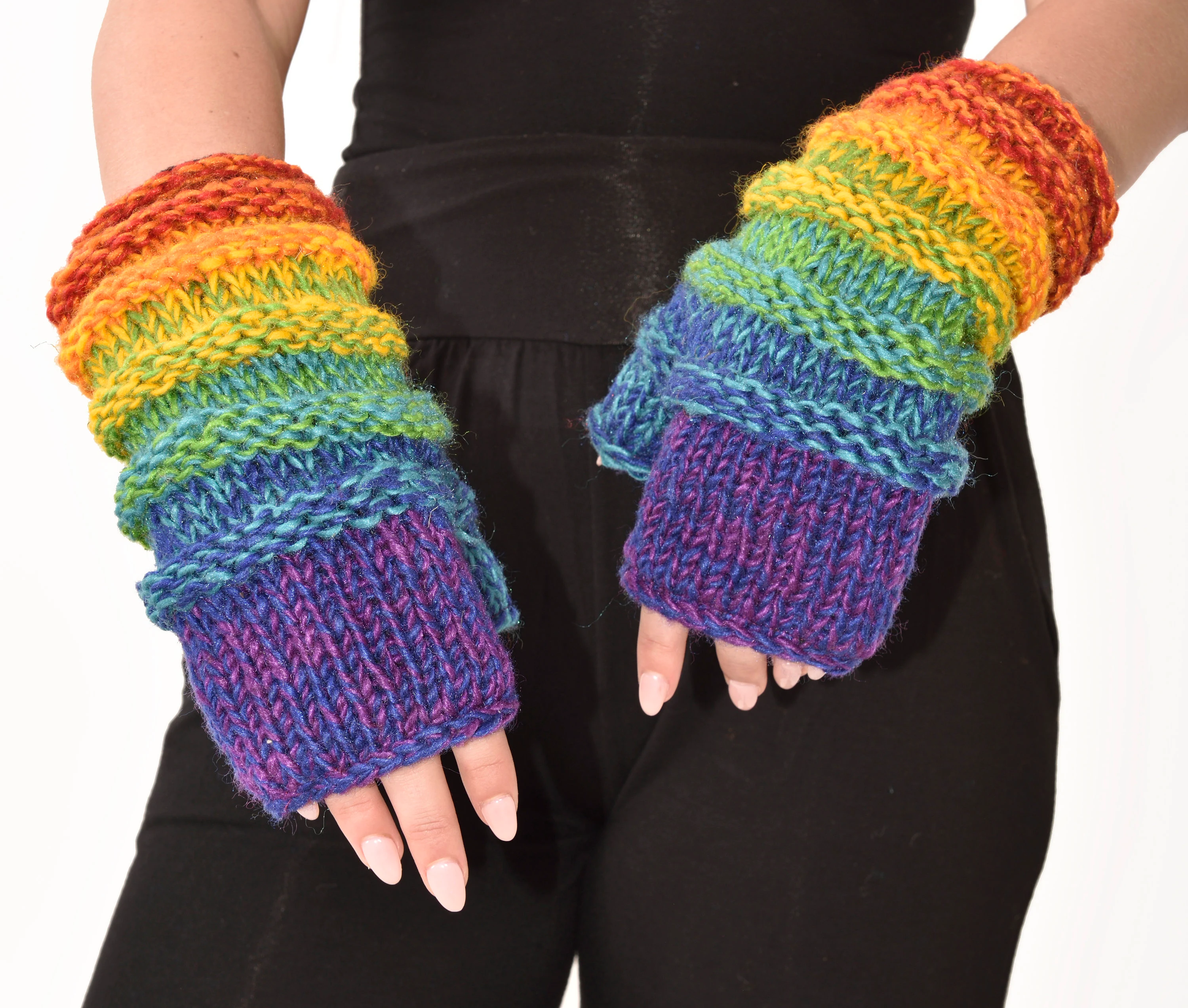 Hand Knit 100% Merino Wool Fingerless Gloves Texting Mittens Convertible gloves Polar Fleece lined Finger-less Women's Winter Texting Gloves