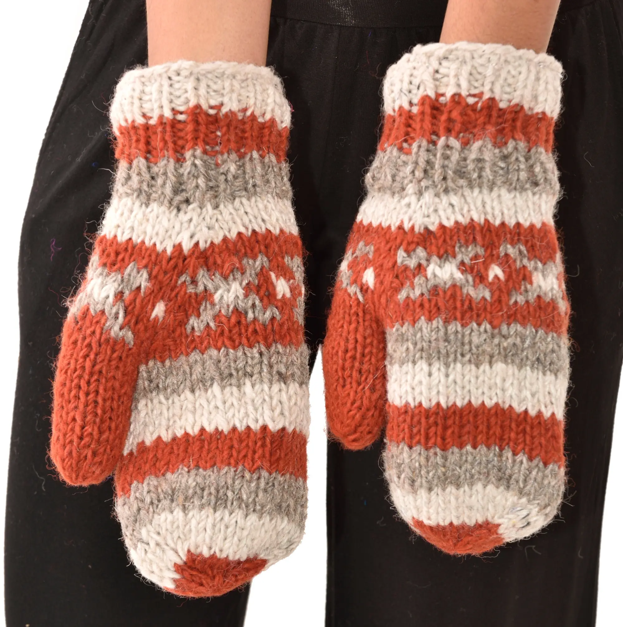 Hand Knitted 100% Merino Wool Snowboard Ski Polar Fleece Lined Nepalese Himalayan Women's Winter Woolen Mittens