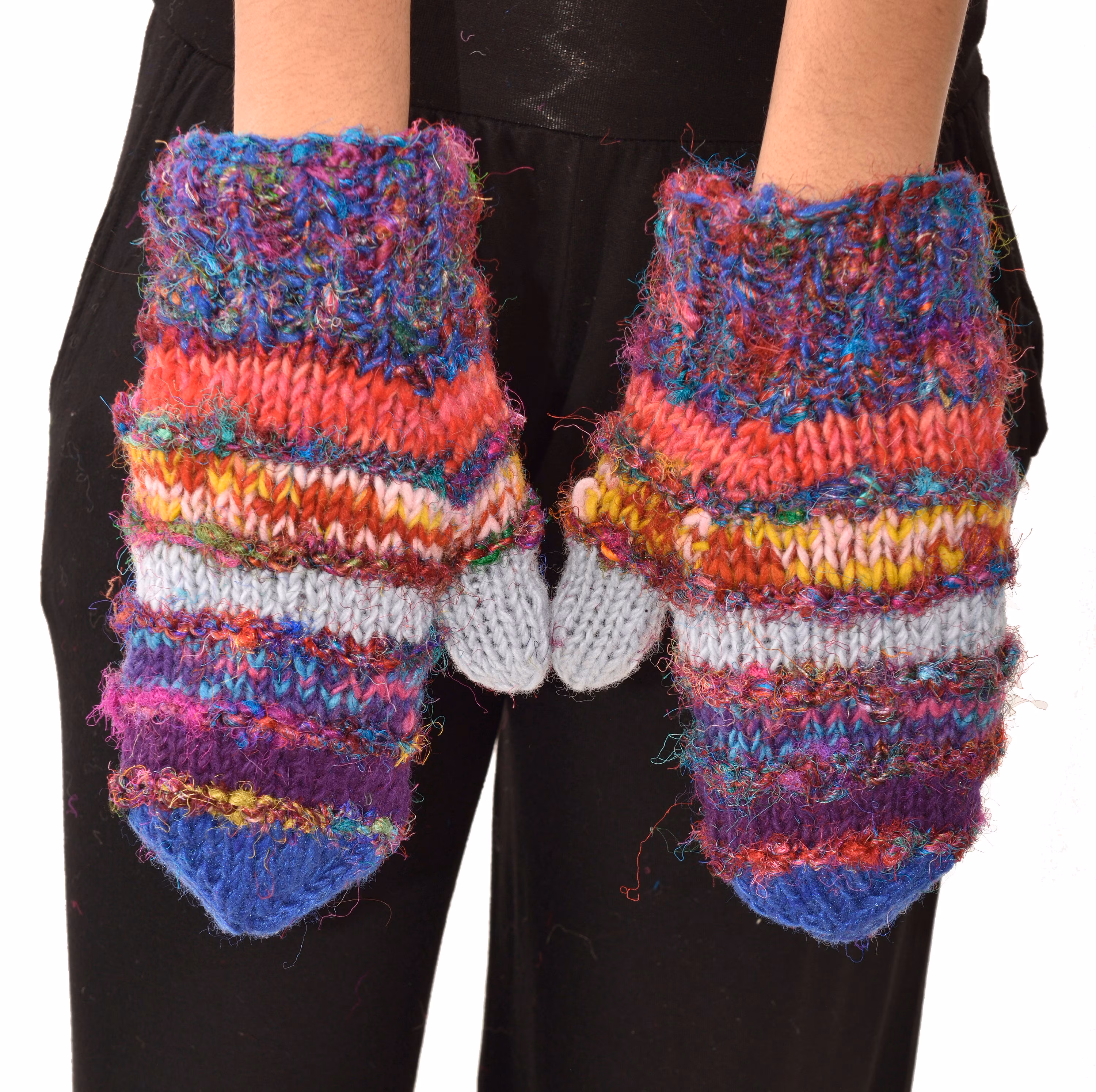 Hand Knitted 100% Merino Wool Snowboard Ski Polar Fleece Lined Nepalese Himalayan Women's Winter Woolen Mittens