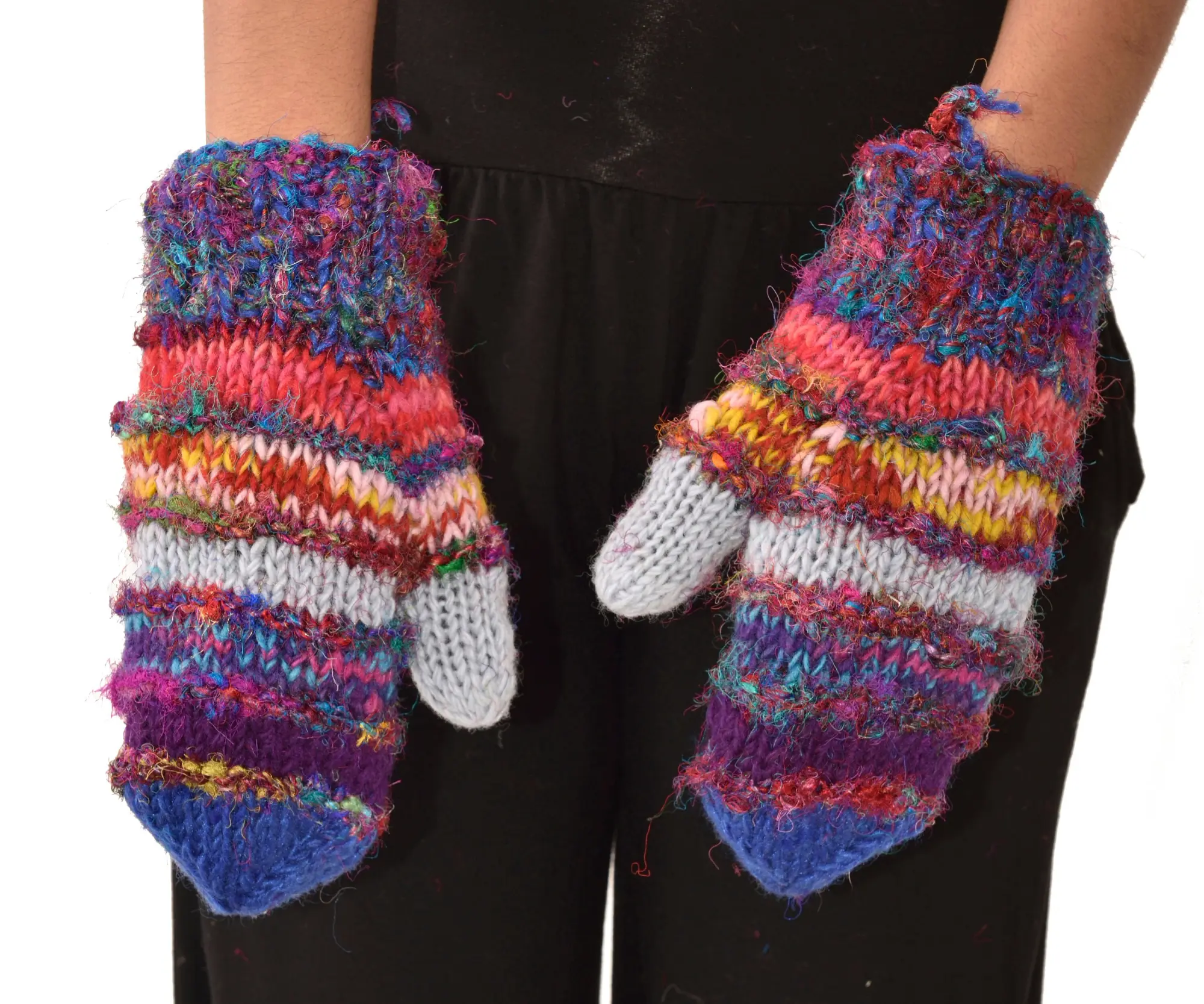 Hand Knitted 100% Merino Wool Snowboard Ski Polar Fleece Lined Nepalese Himalayan Women's Winter Woolen Mittens