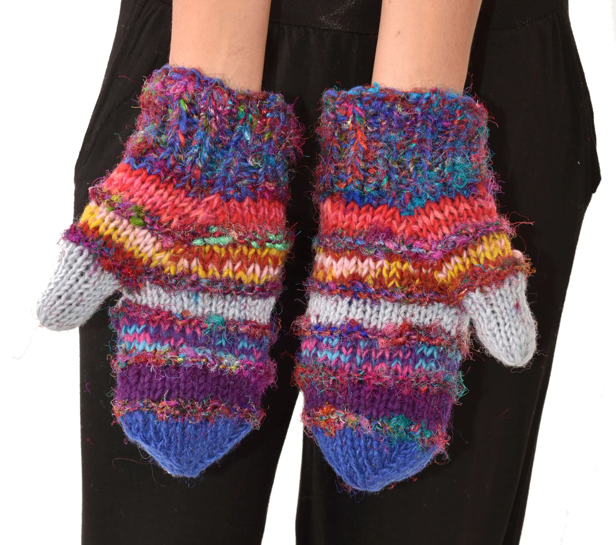 Hand Knitted 100% Merino Wool Snowboard Ski Polar Fleece Lined Nepalese Himalayan Women's Winter Woolen Mittens