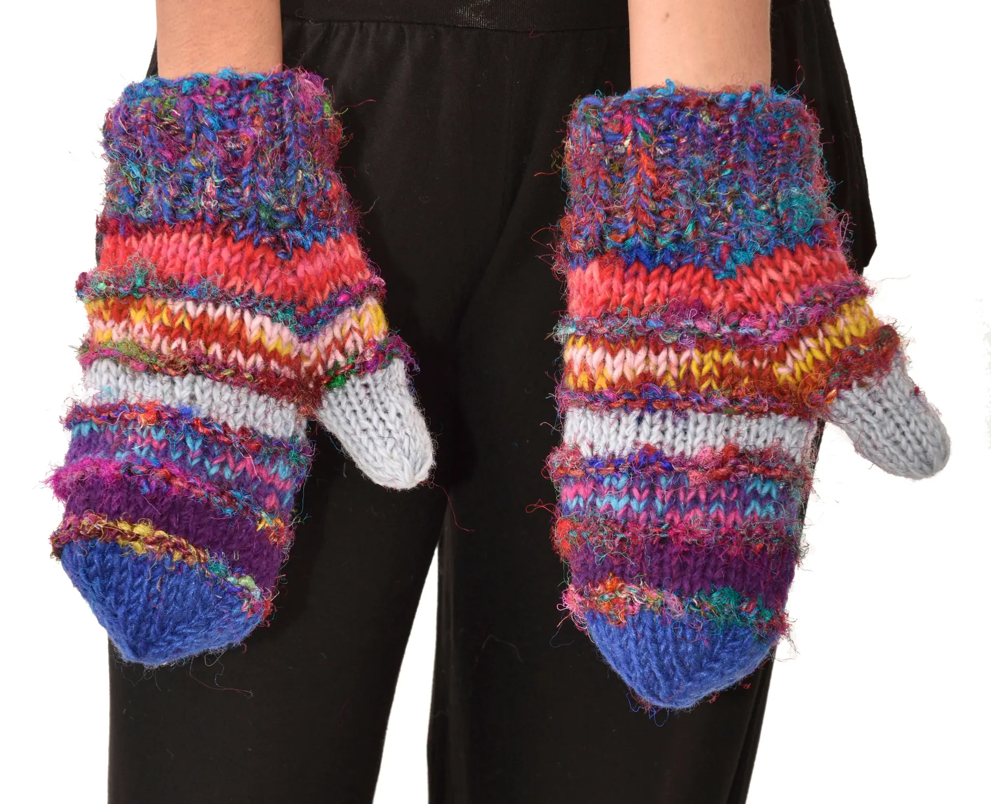 Hand Knitted 100% Merino Wool Snowboard Ski Polar Fleece Lined Nepalese Himalayan Women's Winter Woolen Mittens