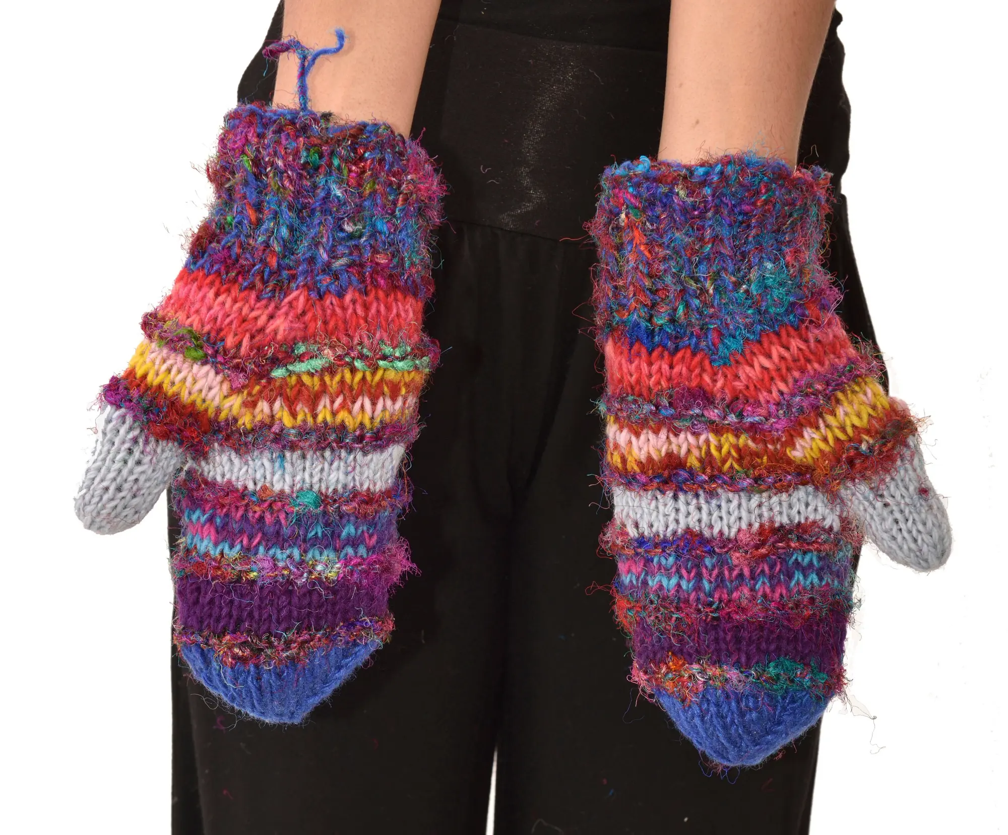 Hand Knitted 100% Merino Wool Snowboard Ski Polar Fleece Lined Nepalese Himalayan Women's Winter Woolen Mittens