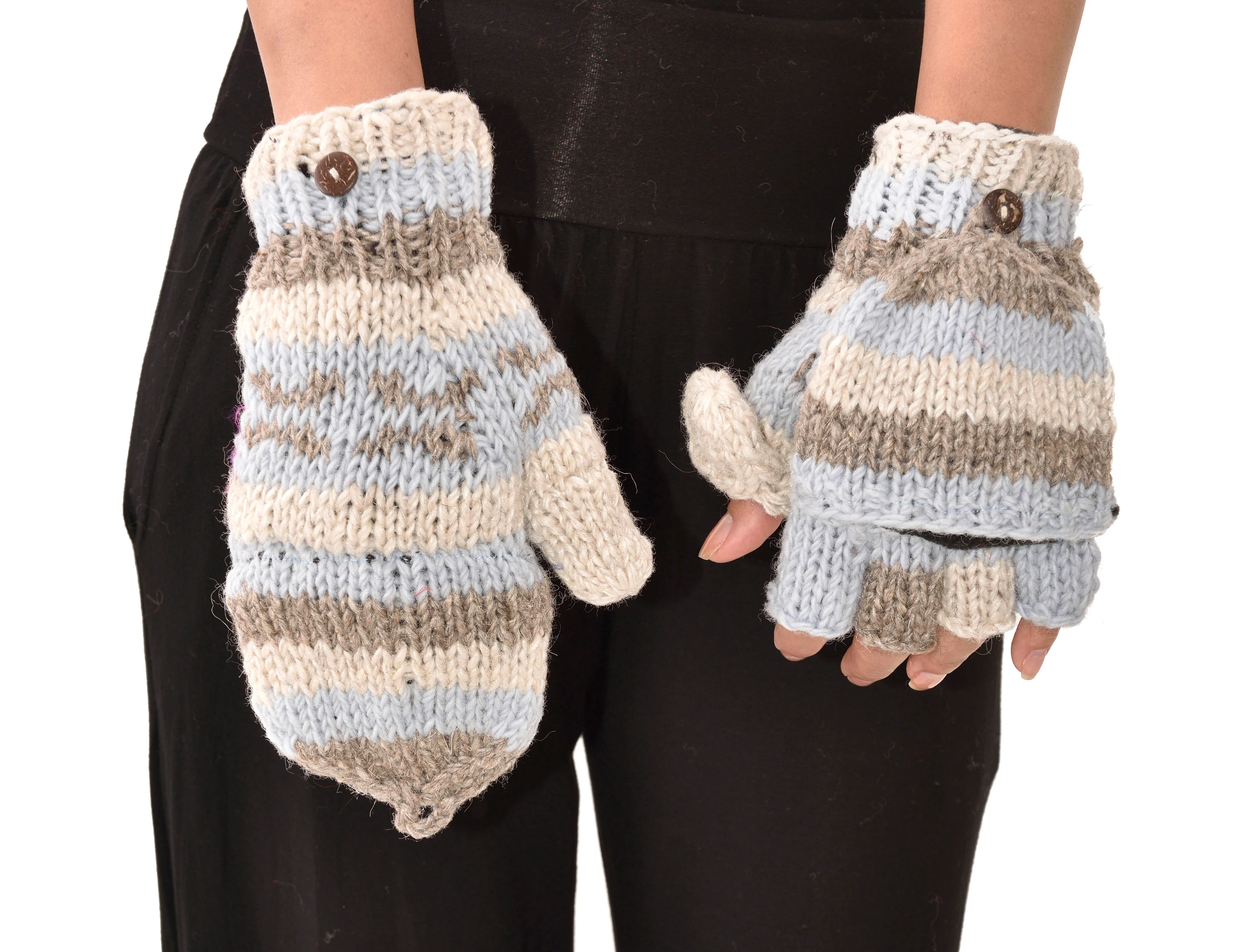 Hand Knitted 100% Merino Wool Flip Top Snowboard Finger less Ski Polar Fleece Lined Fingerless Nepalese Mittens Convertible Texting Gloves