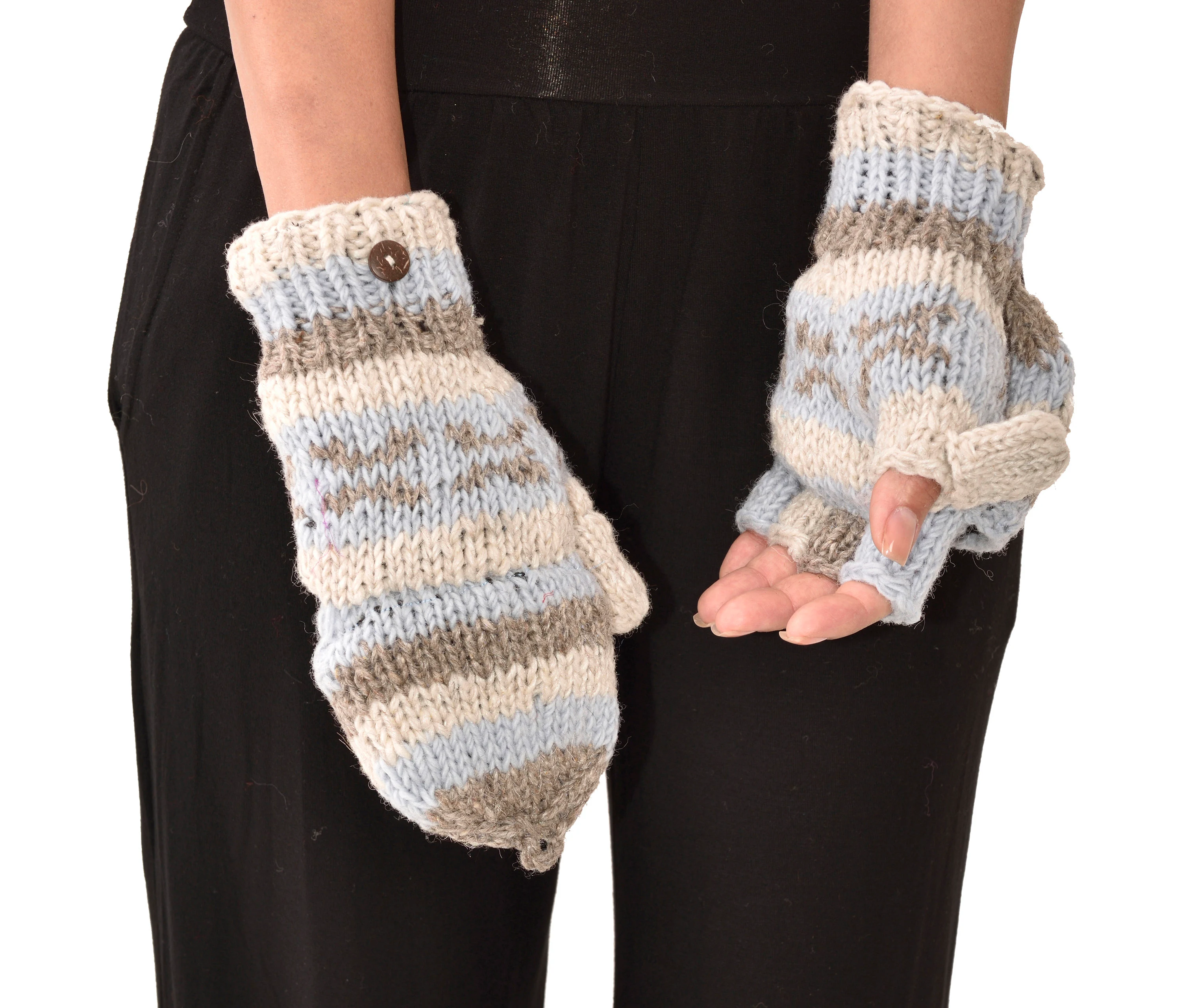 Hand Knitted 100% Merino Wool Flip Top Snowboard Finger less Ski Polar Fleece Lined Fingerless Nepalese Mittens Convertible Texting Gloves