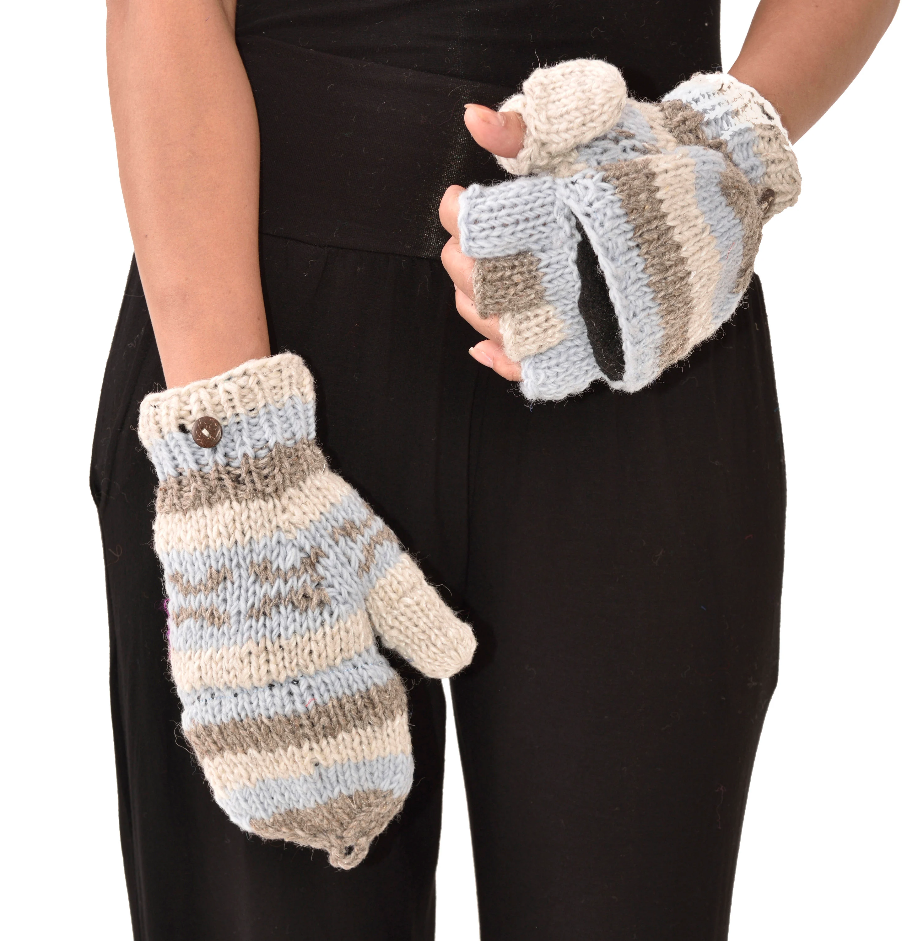 Hand Knitted 100% Merino Wool Flip Top Snowboard Finger less Ski Polar Fleece Lined Fingerless Nepalese Mittens Convertible Texting Gloves