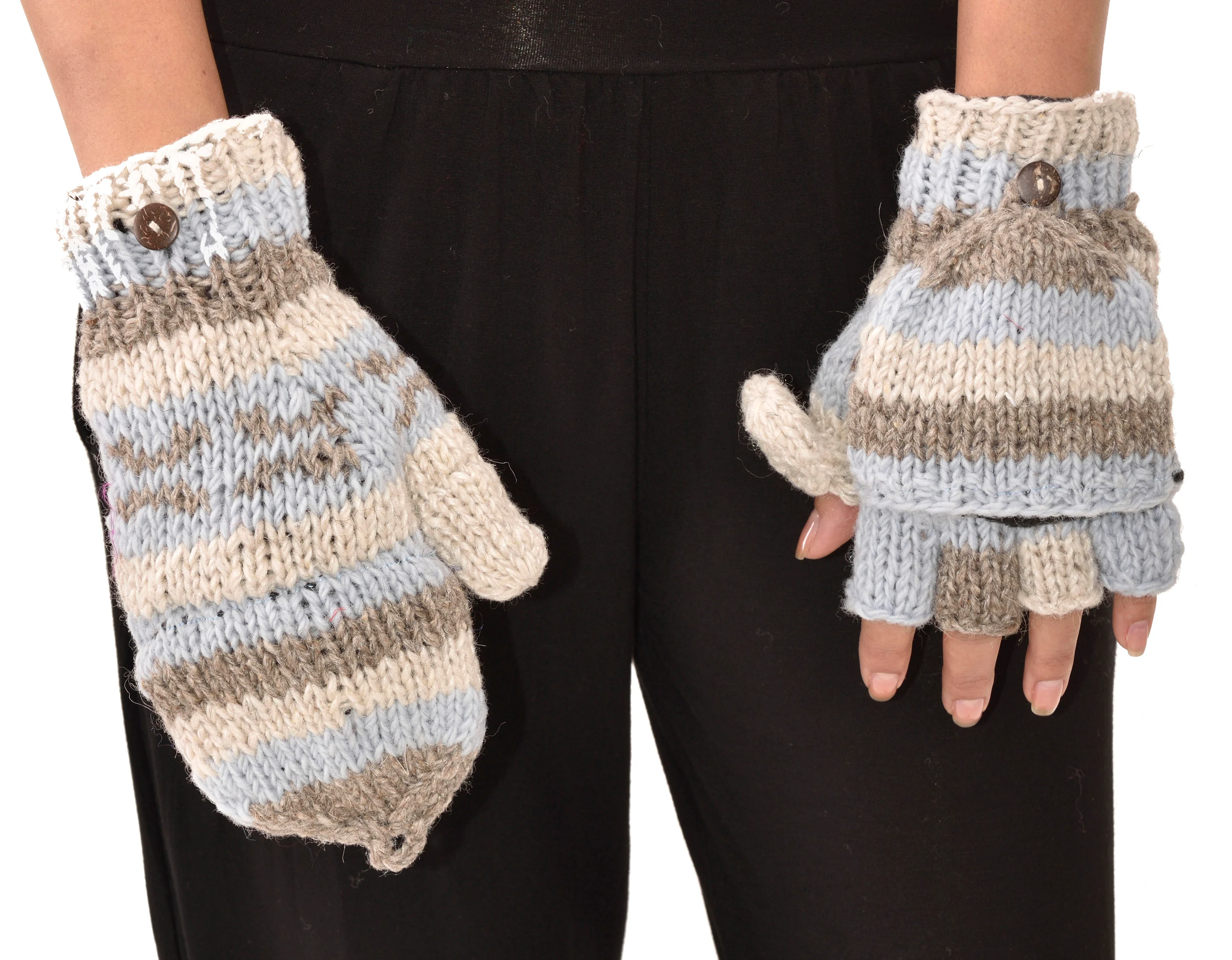 Hand Knitted 100% Merino Wool Flip Top Snowboard Finger less Ski Polar Fleece Lined Fingerless Nepalese Mittens Convertible Texting Gloves