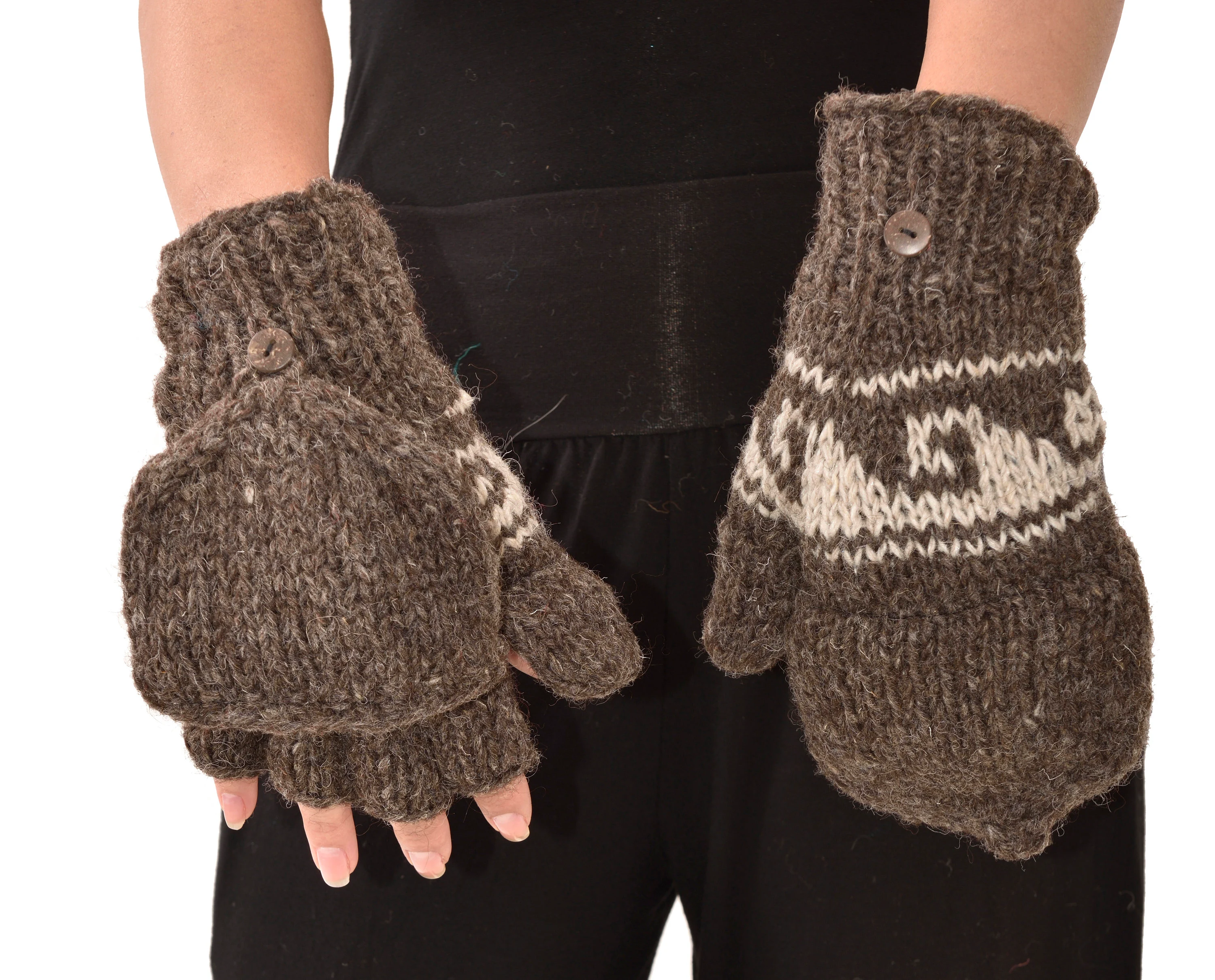 Hand Made 100% Merino Wool Flip Top Snowboard Finger less Ski Polar Fleece Lined Fingerless Nepalese Mittens Convertible Texting Gloves