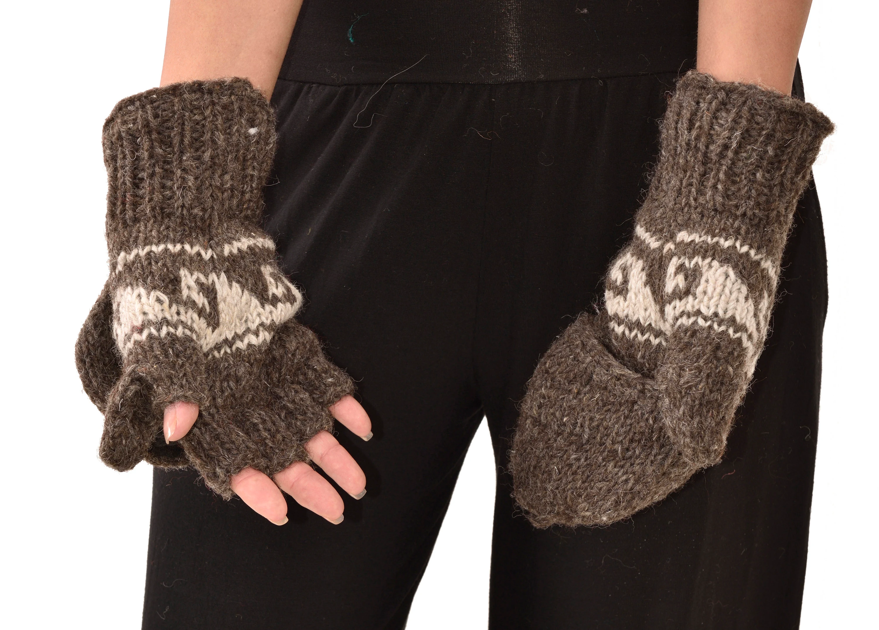 Hand Made 100% Merino Wool Flip Top Snowboard Finger less Ski Polar Fleece Lined Fingerless Nepalese Mittens Convertible Texting Gloves