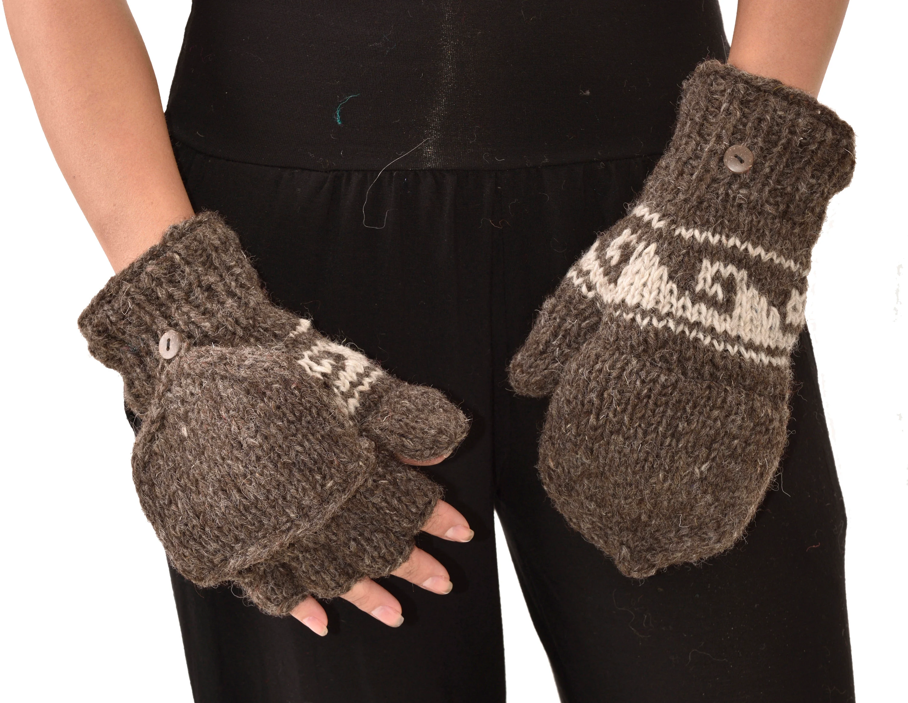 Hand Made 100% Merino Wool Flip Top Snowboard Finger less Ski Polar Fleece Lined Fingerless Nepalese Mittens Convertible Texting Gloves