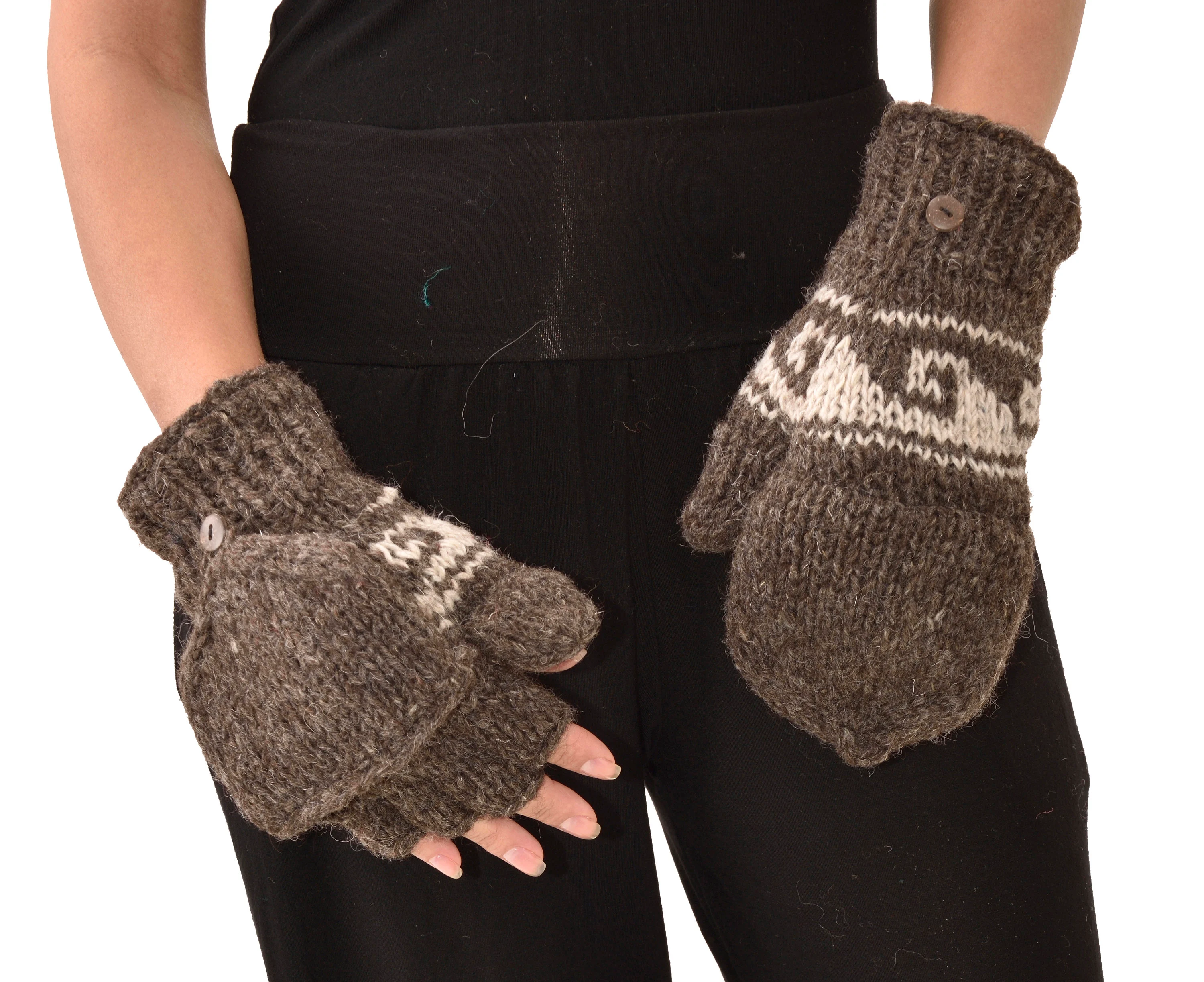 Hand Made 100% Merino Wool Flip Top Snowboard Finger less Ski Polar Fleece Lined Fingerless Nepalese Mittens Convertible Texting Gloves