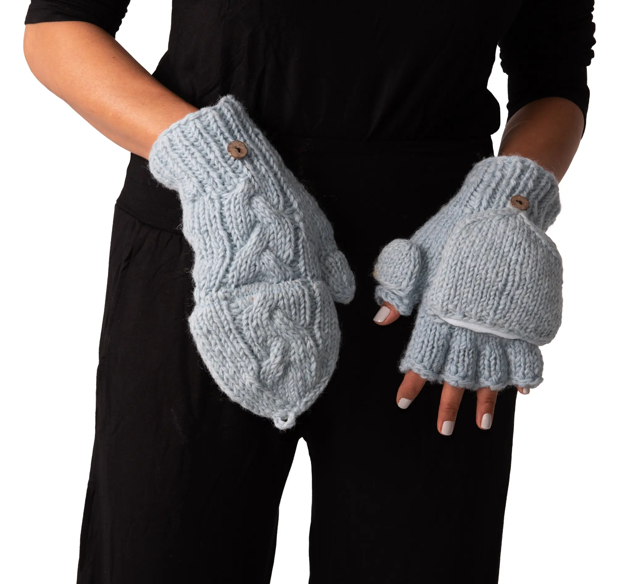 Hand Knitted Cable 100% Merino Wool Flip Top Snowboard Finger less Ski Fleece Lined Fingerless Mittens Convertible Texting Gloves-Blu