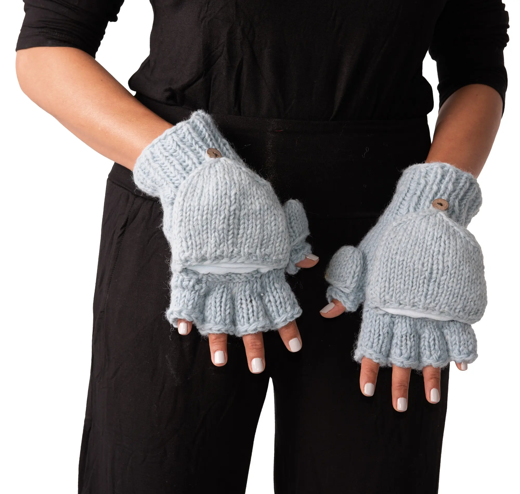 Hand Knitted Cable 100% Merino Wool Flip Top Snowboard Finger less Ski Fleece Lined Fingerless Mittens Convertible Texting Gloves-Blu