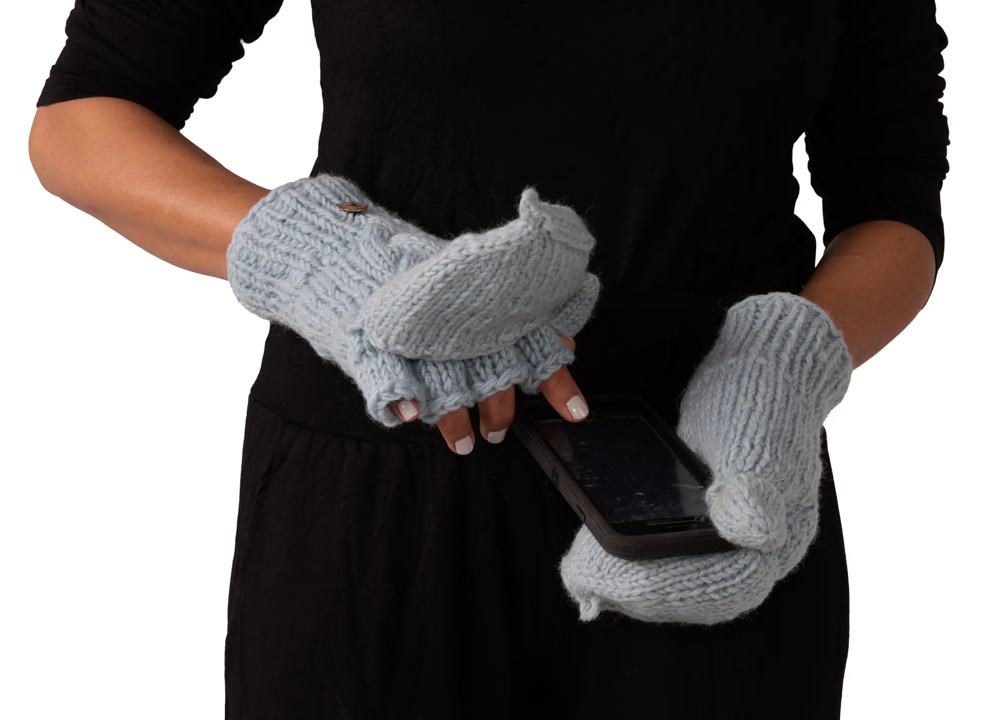 Hand Knitted Cable 100% Merino Wool Flip Top Snowboard Finger less Ski Fleece Lined Fingerless Mittens Convertible Texting Gloves-Blu
