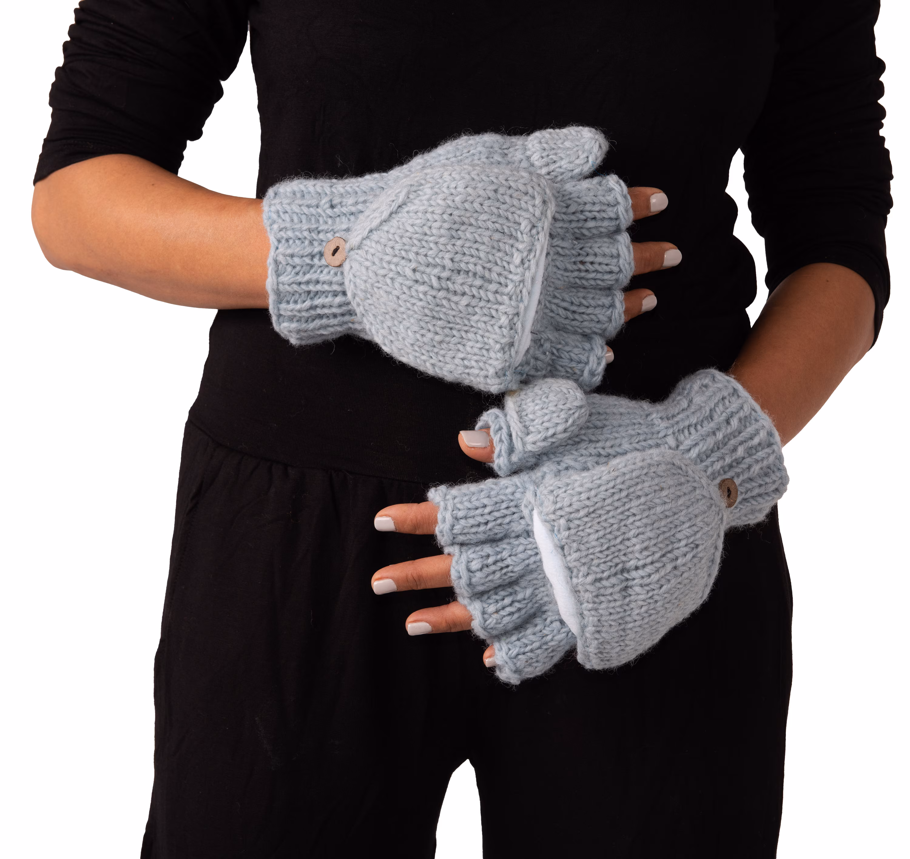 Hand Knitted Cable 100% Merino Wool Flip Top Snowboard Finger less Ski Fleece Lined Fingerless Mittens Convertible Texting Gloves-Blu