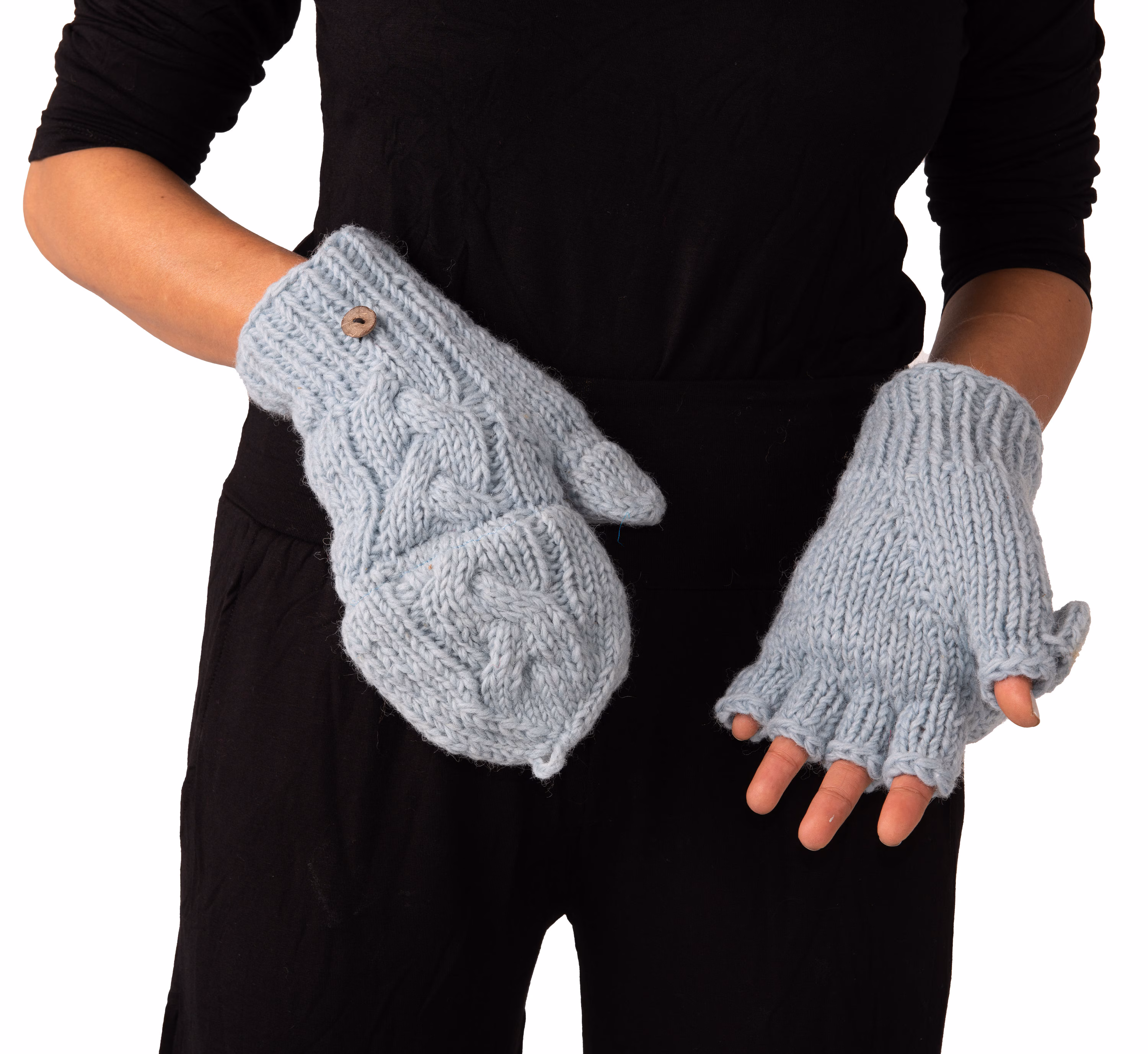 Hand Knitted Cable 100% Merino Wool Flip Top Snowboard Finger less Ski Fleece Lined Fingerless Mittens Convertible Texting Gloves-Blu