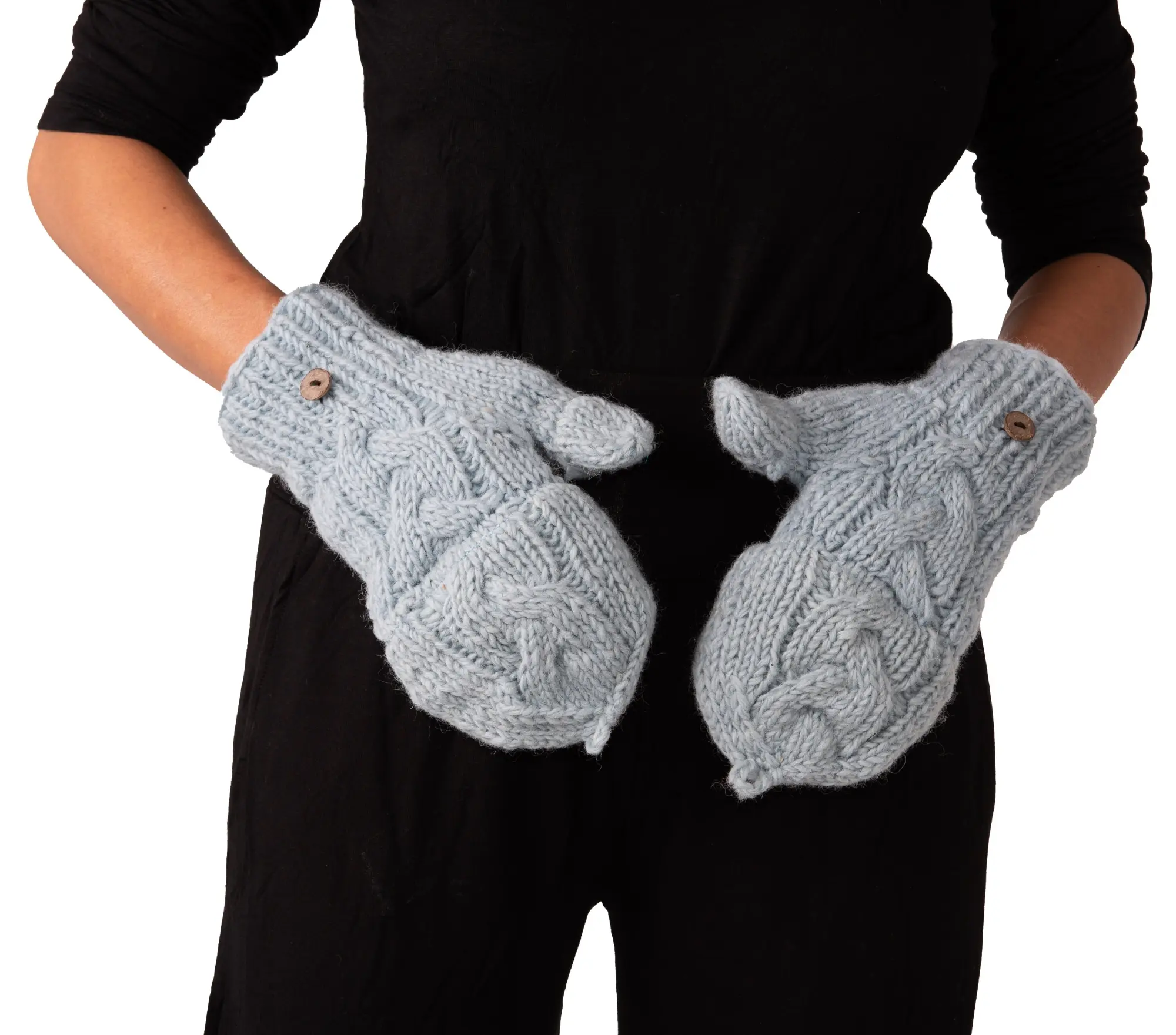 Hand Knitted Cable 100% Merino Wool Flip Top Snowboard Finger less Ski Fleece Lined Fingerless Mittens Convertible Texting Gloves-Blu