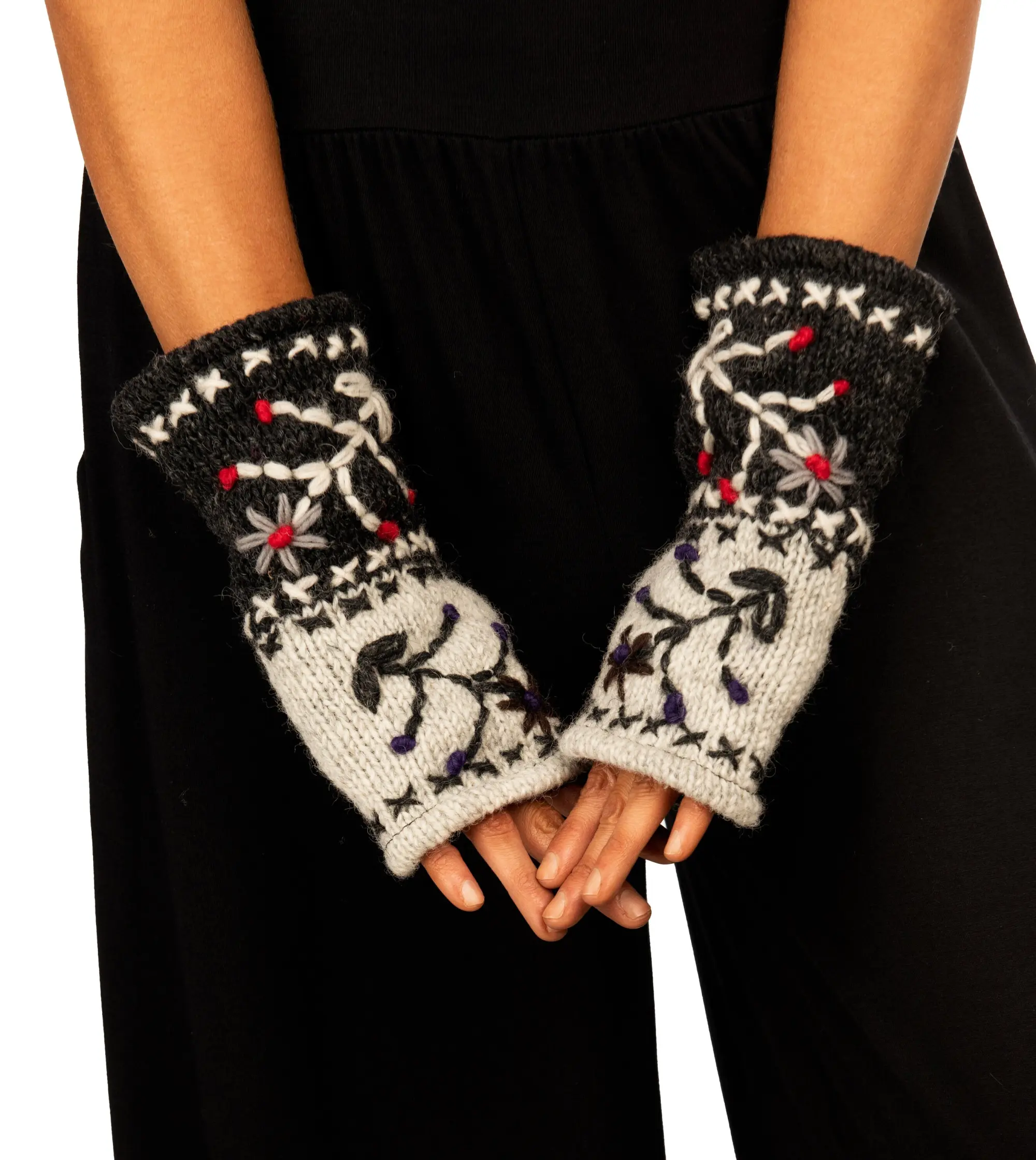 Hand Made 100% Merino Wool Knitted Hand Embroidered Design Snowboard Fingerless Mittens Convertible Gloves Skiing Texting Arm Warmers Gloves