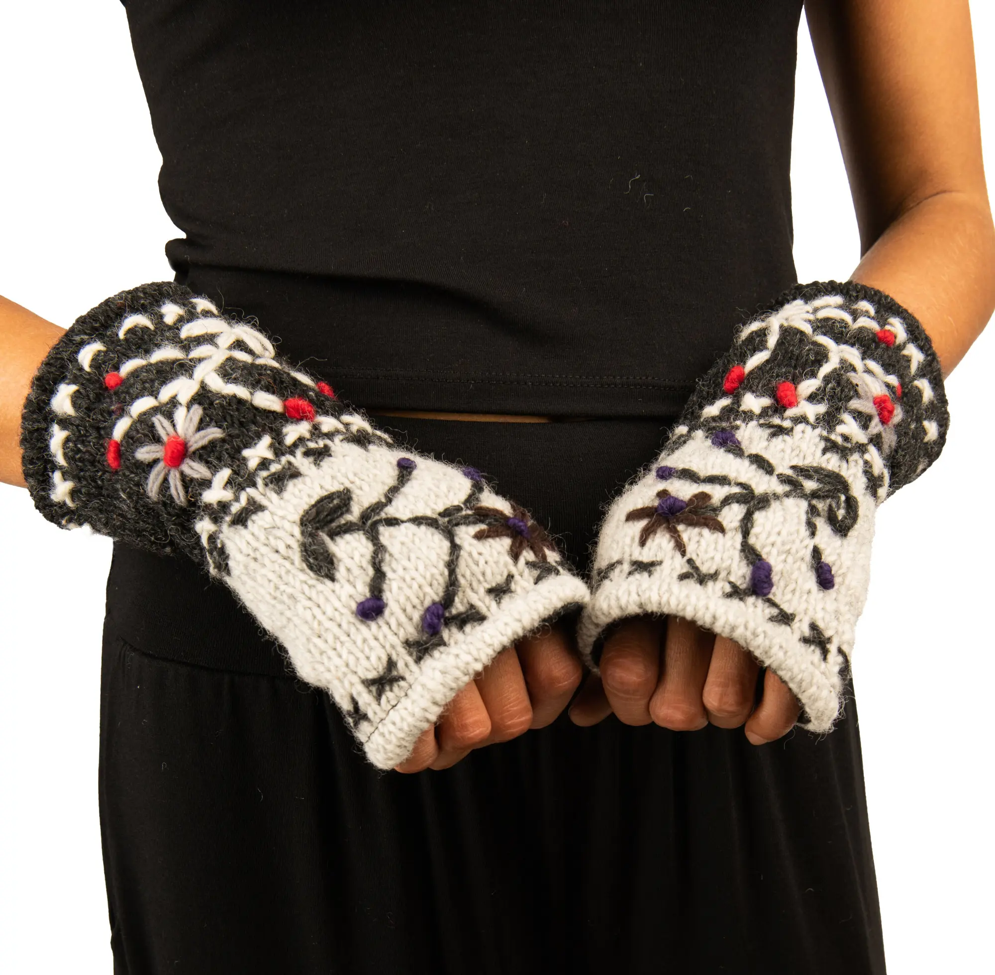 Hand Made 100% Merino Wool Knitted Hand Embroidered Design Snowboard Fingerless Mittens Convertible Gloves Skiing Texting Arm Warmers Gloves
