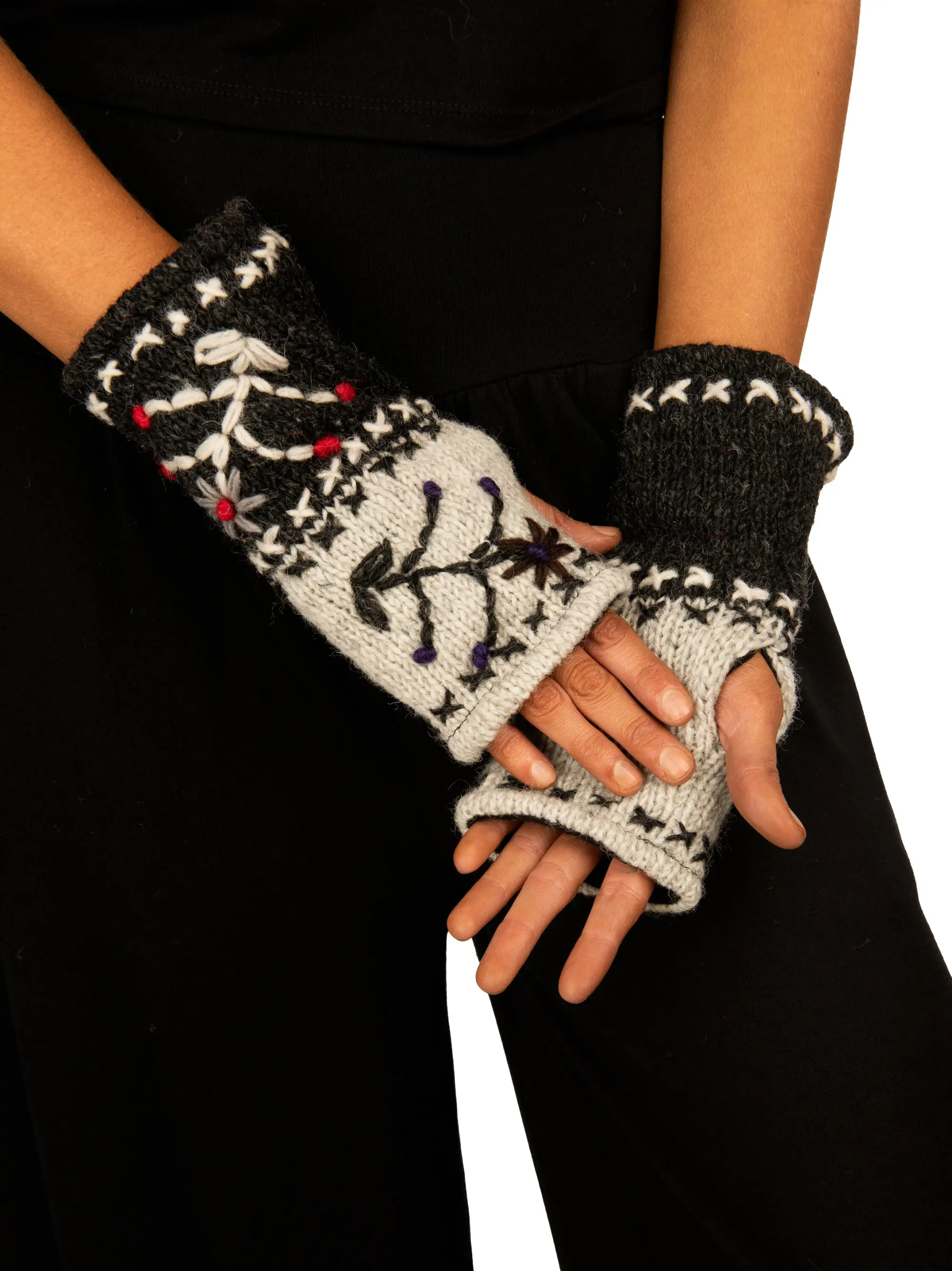 Hand Made 100% Merino Wool Knitted Hand Embroidered Design Snowboard Fingerless Mittens Convertible Gloves Skiing Texting Arm Warmers Gloves