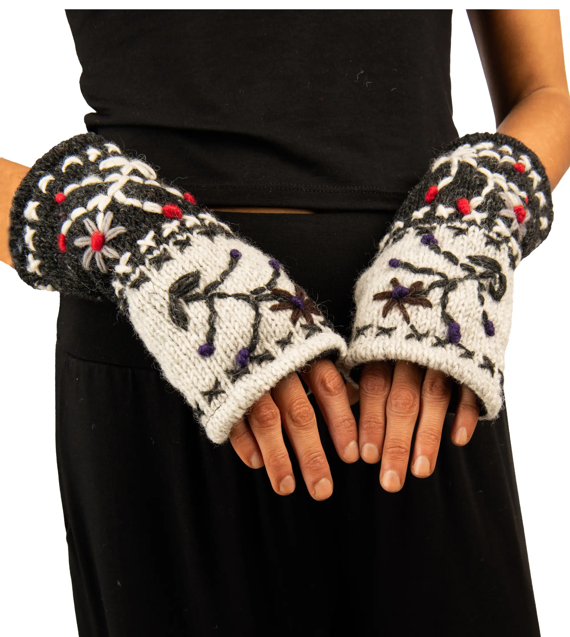 Hand Made 100% Merino Wool Knitted Hand Embroidered Design Snowboard Fingerless Mittens Convertible Gloves Skiing Texting Arm Warmers Gloves