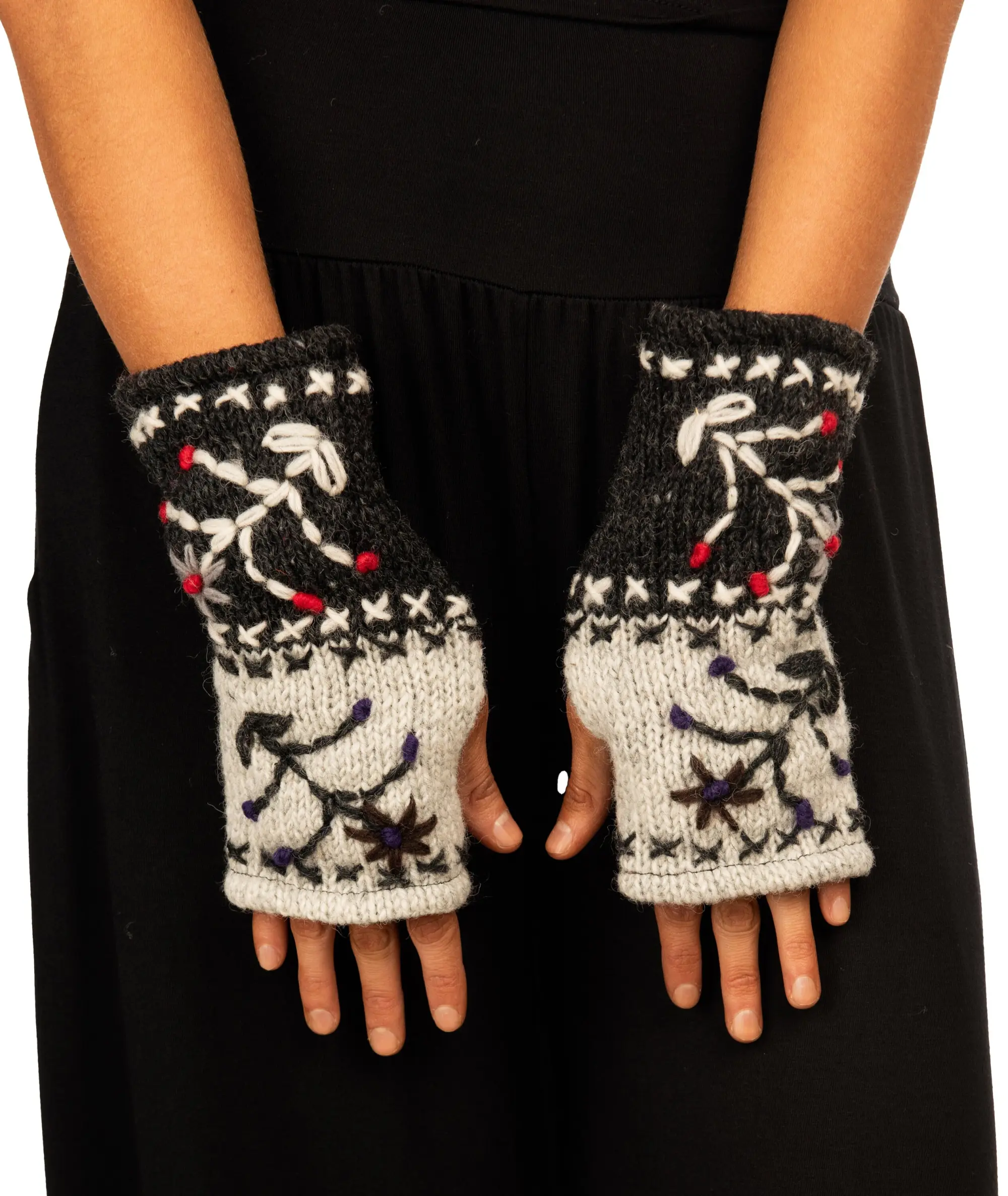 Hand Made 100% Merino Wool Knitted Hand Embroidered Design Snowboard Fingerless Mittens Convertible Gloves Skiing Texting Arm Warmers Gloves