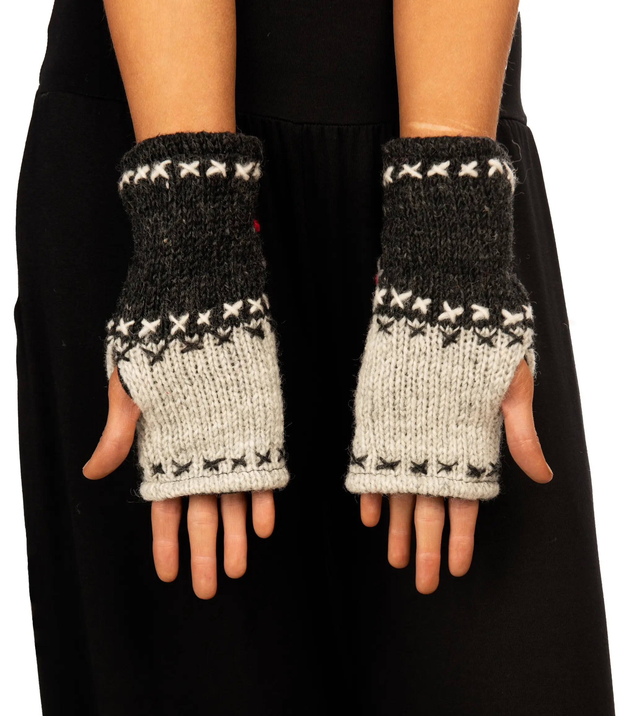 Hand Made 100% Merino Wool Knitted Hand Embroidered Design Snowboard Fingerless Mittens Convertible Gloves Skiing Texting Arm Warmers Gloves