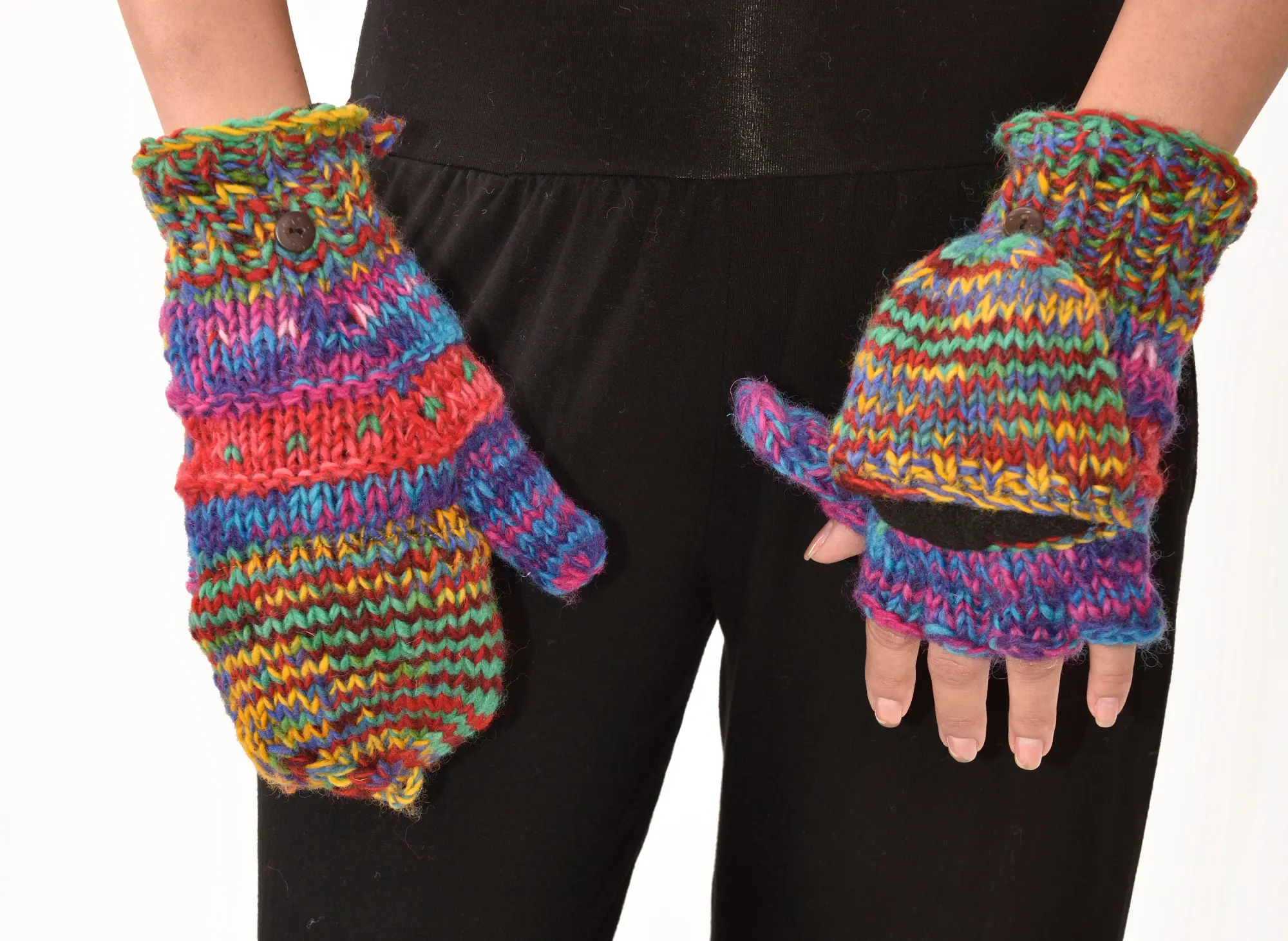 Hand Knitted 100% Merino Wool Flip Top Snowboard Finger less Ski Polar Fleece Lined Fingerless Nepalese Mittens Convertible Texting Gloves
