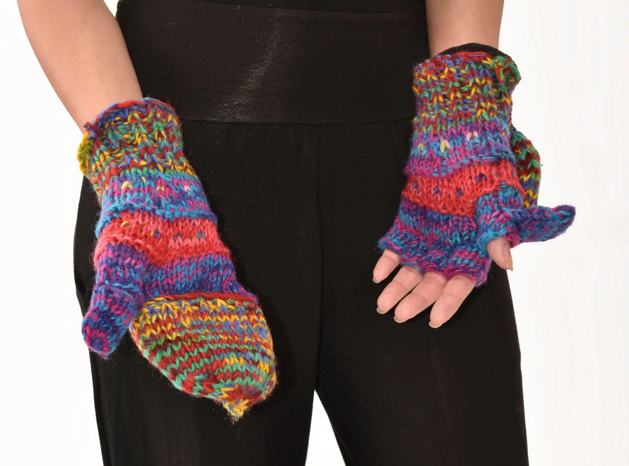 Hand Knitted 100% Merino Wool Flip Top Snowboard Finger less Ski Polar Fleece Lined Fingerless Nepalese Mittens Convertible Texting Gloves