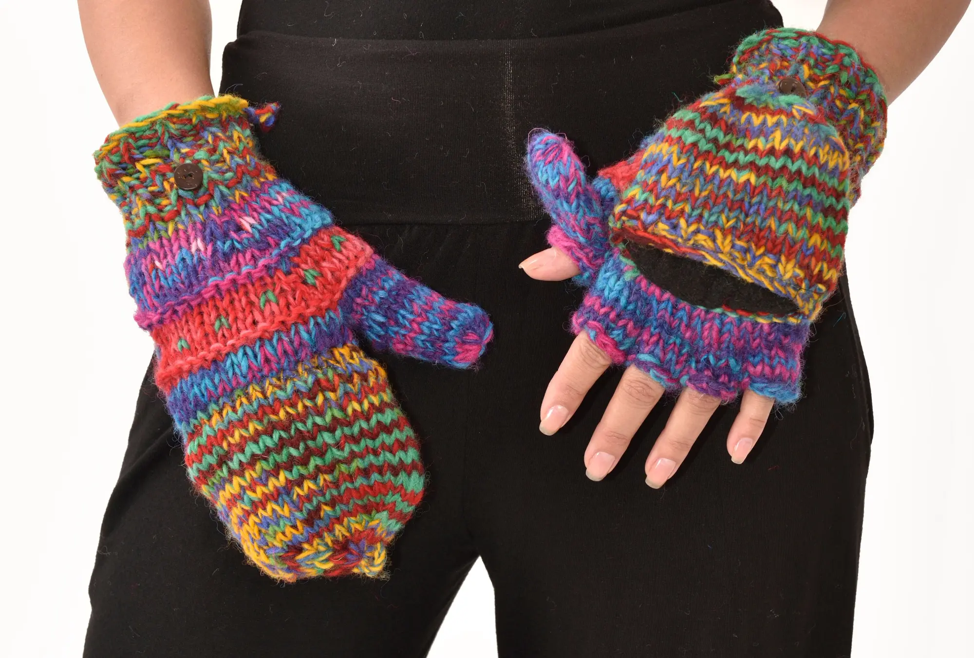 Hand Knitted 100% Merino Wool Flip Top Snowboard Finger less Ski Polar Fleece Lined Fingerless Nepalese Mittens Convertible Texting Gloves